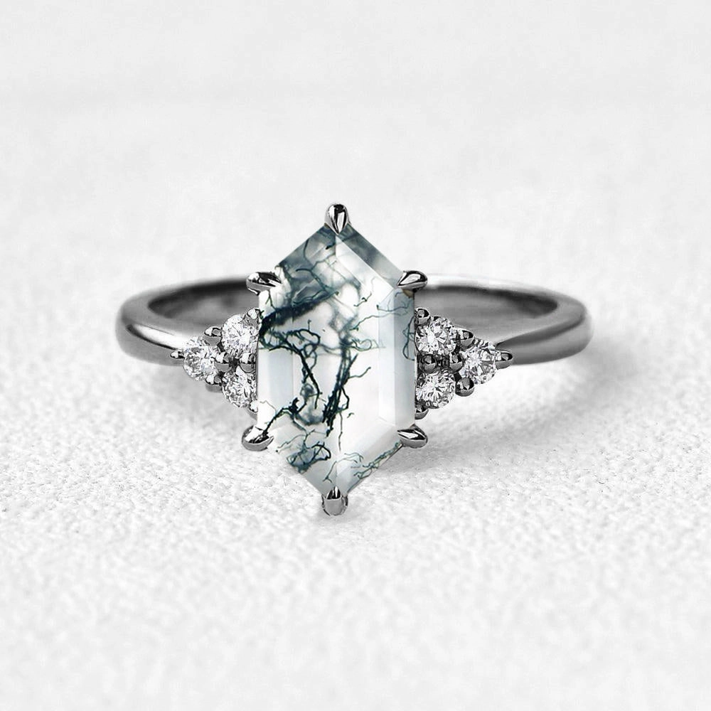 Lively Accent Black Gold Hexagon Moss Agate 3 Stone Engagement Ring - Nova