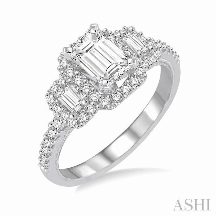5/8 Ctw Diamond Ladies Engagement Ring with 1/4 Ct Emerald Cut Center Stone in 14K White Gold Exchange Option Nighttime Gift