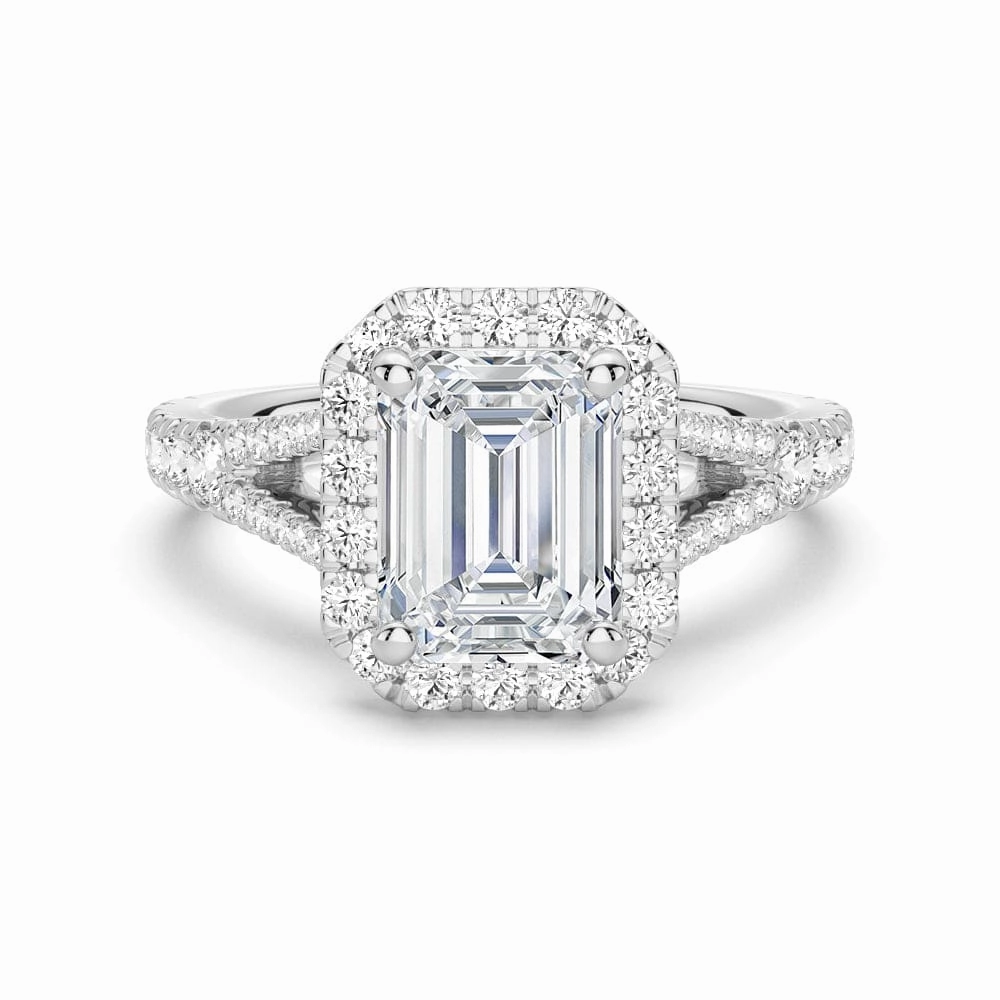 Emerald Cut Split Shank Moissanite Halo Engagement Ring Impressive Finish Timeless Craftwork