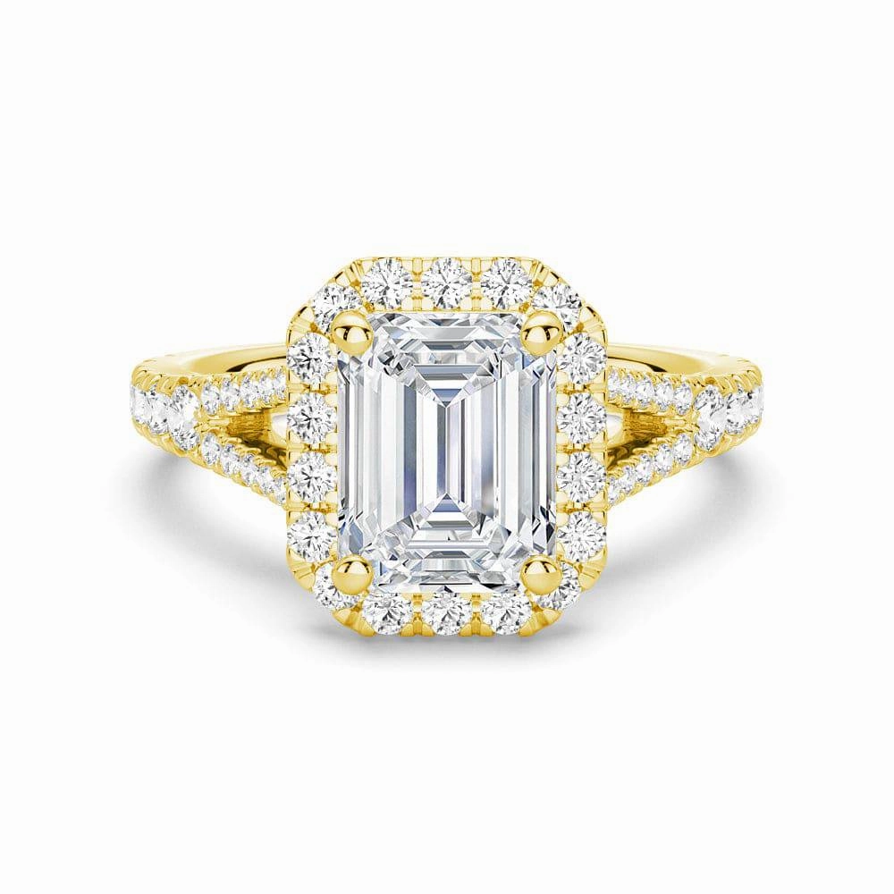Sleek Look Soft Style Emerald Cut Split Shank Moissanite Halo Engagement Ring