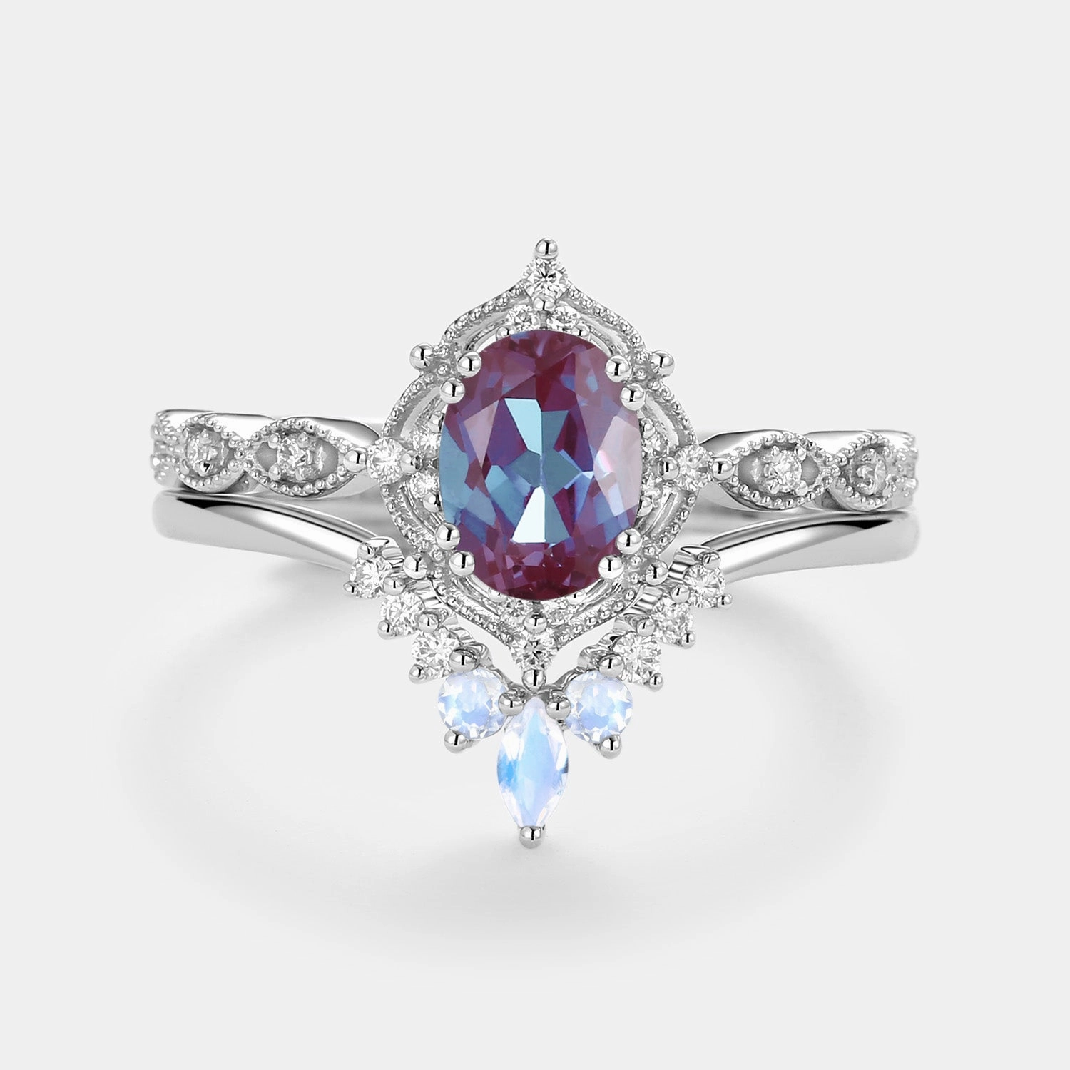 Eternal Work 1.5ct Alexandrite Signature Vintage Luna Ring Set 2pcs