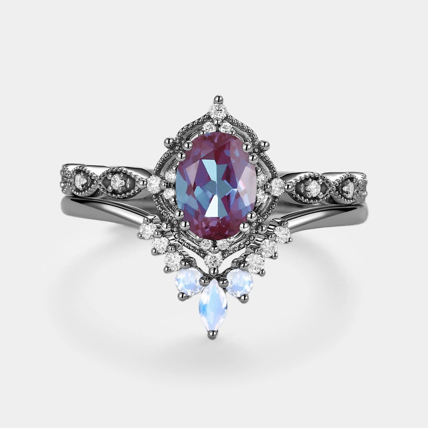 Lightweight Work Strong Gift 1.5ct Alexandrite Signature Vintage Luna Ring Set 2pcs