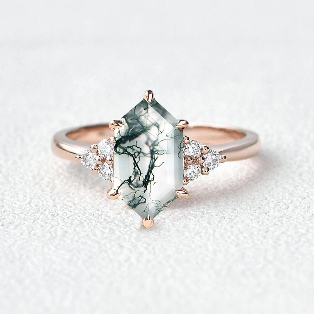 Essential Jewelry Vintage Hexagon Moss Agate 3 Stone Engagement Ring - Nova
