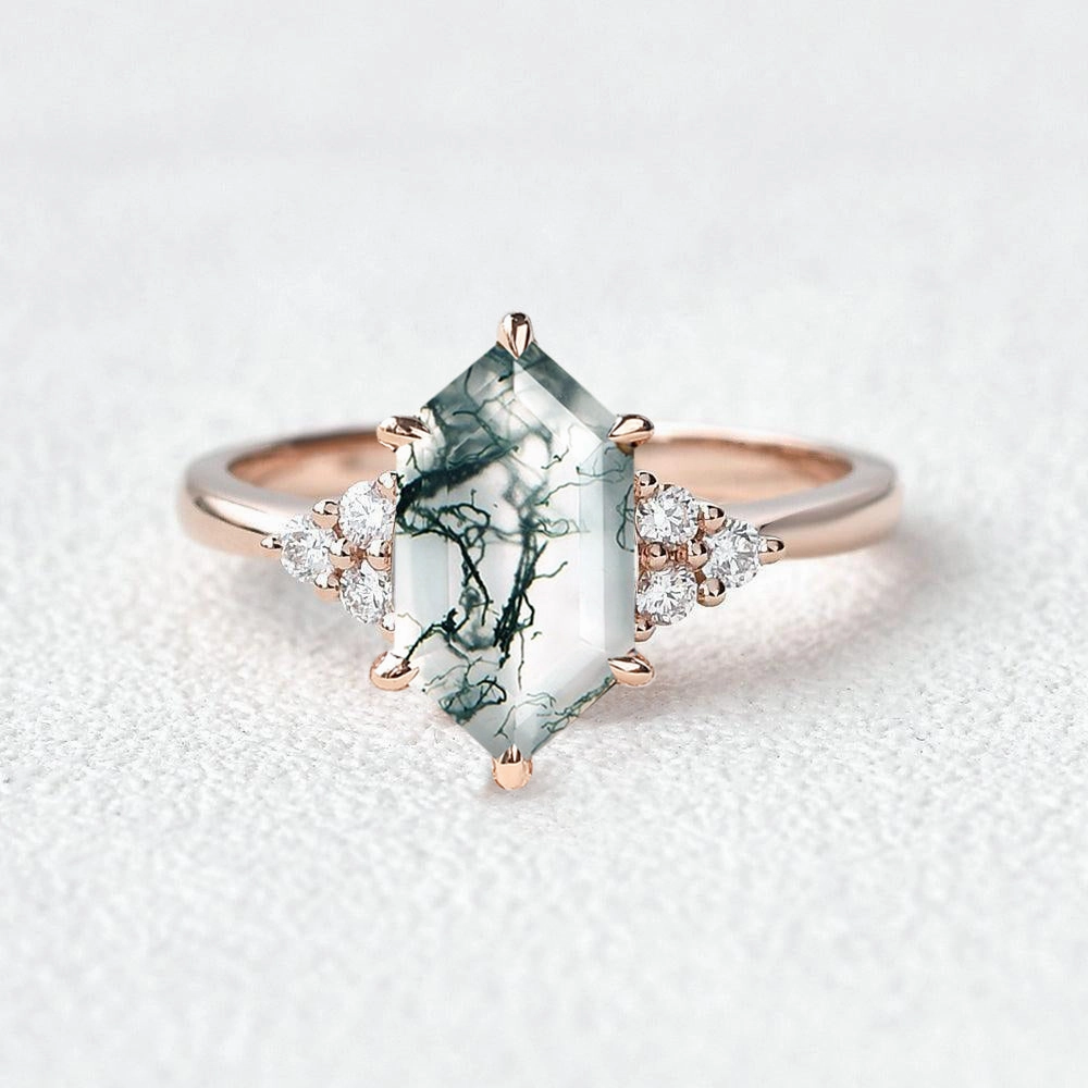 Vintage Hexagon Moss Agate 3 Stone Engagement Ring - Nova Rich Shine Radiant Form