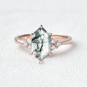 Essential Jewelry Vintage Hexagon Moss Agate 3 Stone Engagement Ring - Nova