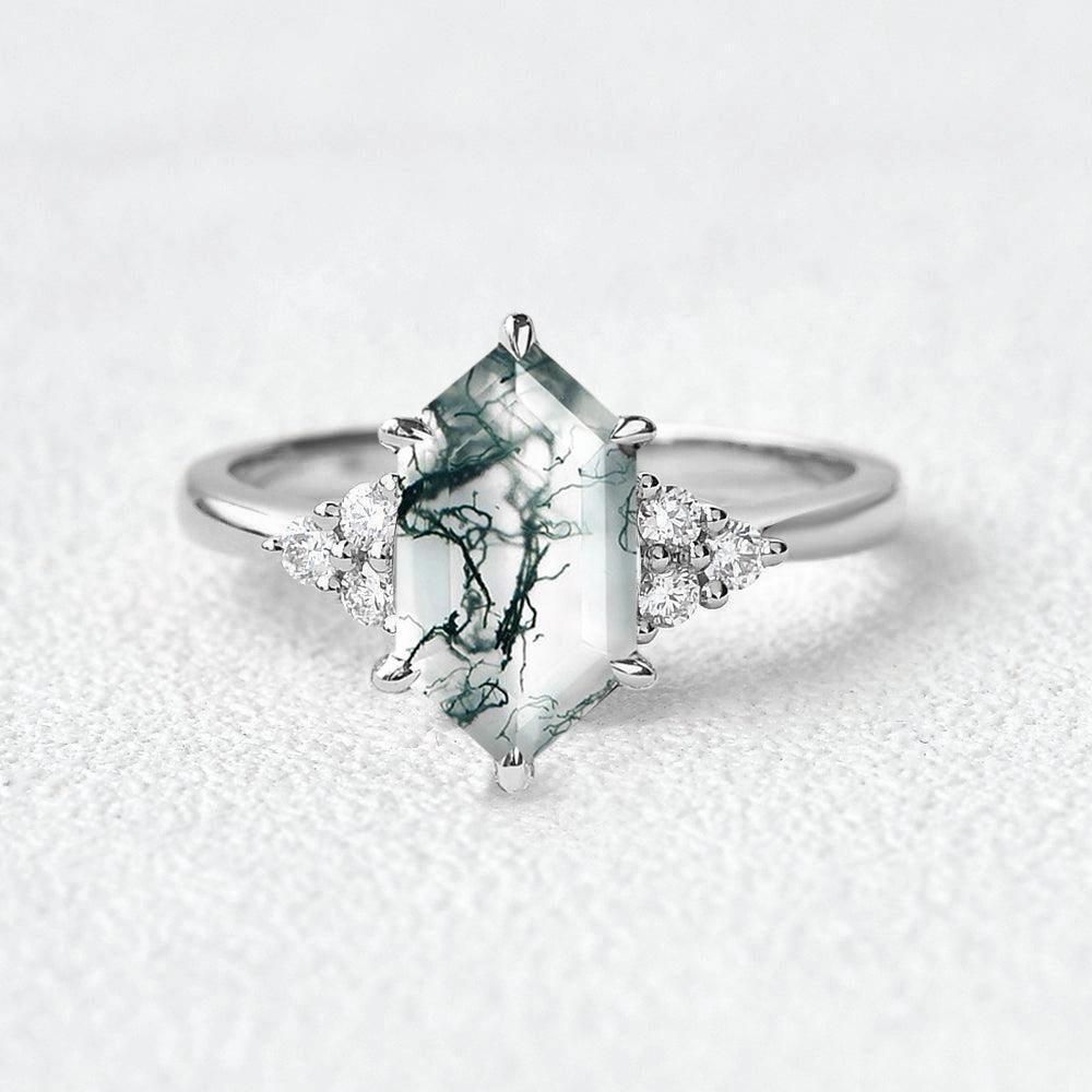 Vintage Hexagon Moss Agate 3 Stone Engagement Ring - Nova Ornate Piece Vintage Art