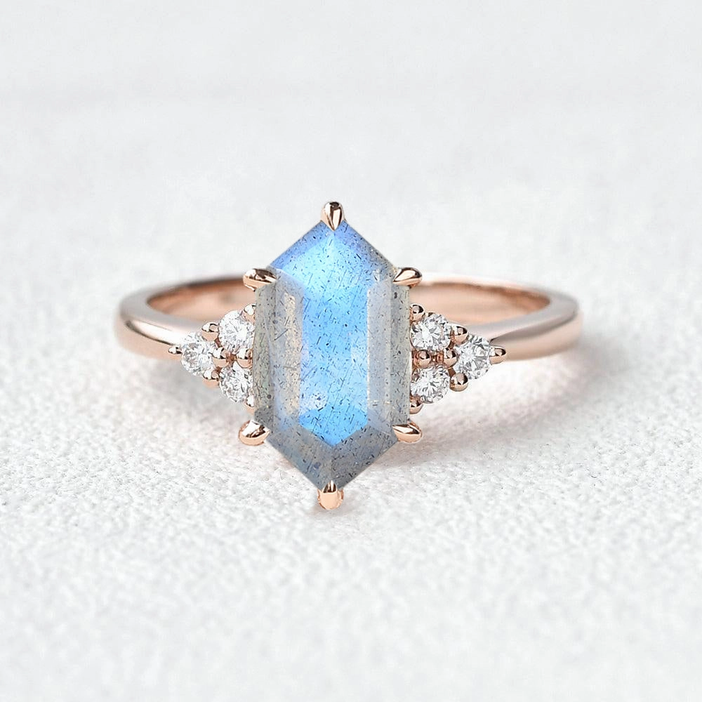 party look Luxury Flow Vintage Hexagon Moss Agate 3 Stone Engagement Ring - Nova