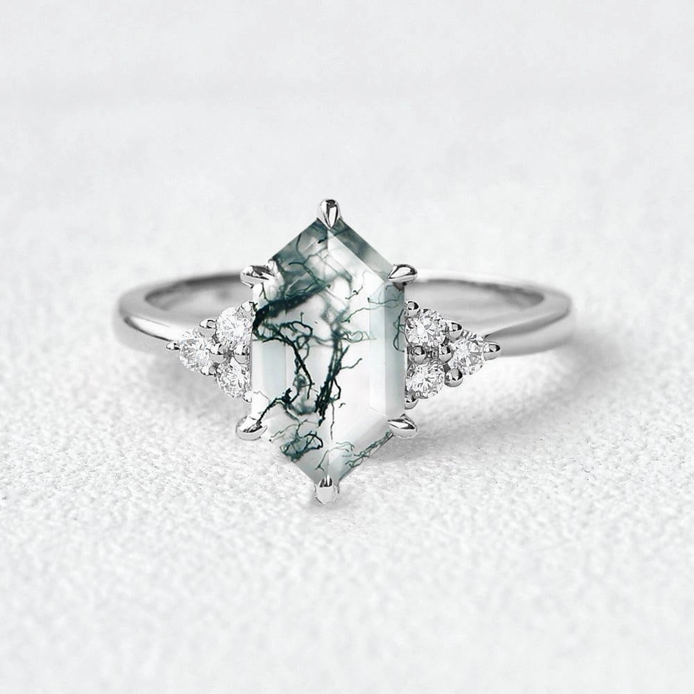 Vintage Hexagon Moss Agate 3 Stone Engagement Ring - Nova Shiny Design Timeless Trend