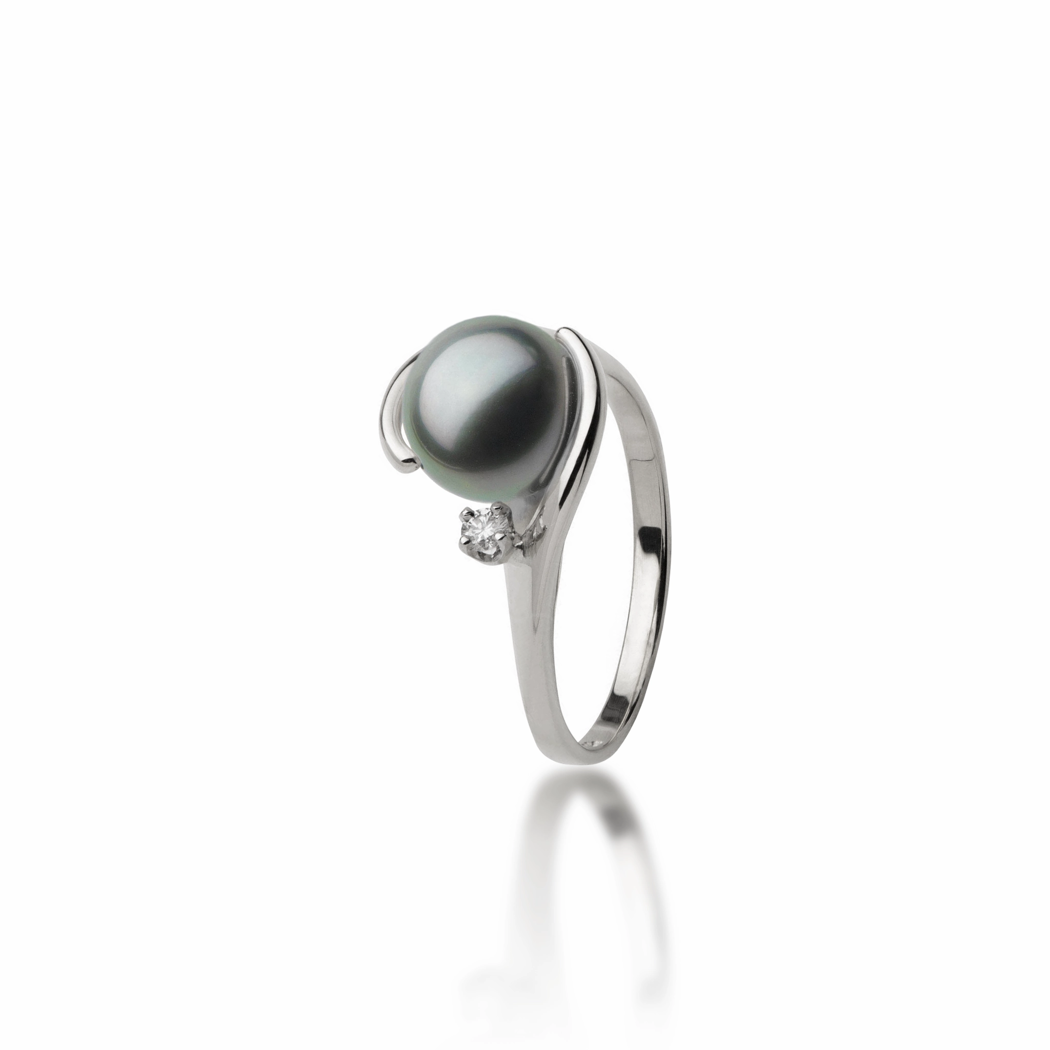 Tahitian Black Pearl Ring in White Gold with Diamond - 9-10mm Travel Style