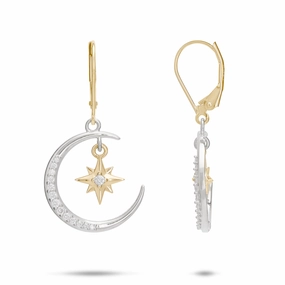 Moon & Star Mermaid Earrings in Two Tone Gold with Diamonds Glamourous Piece Evening Appeal