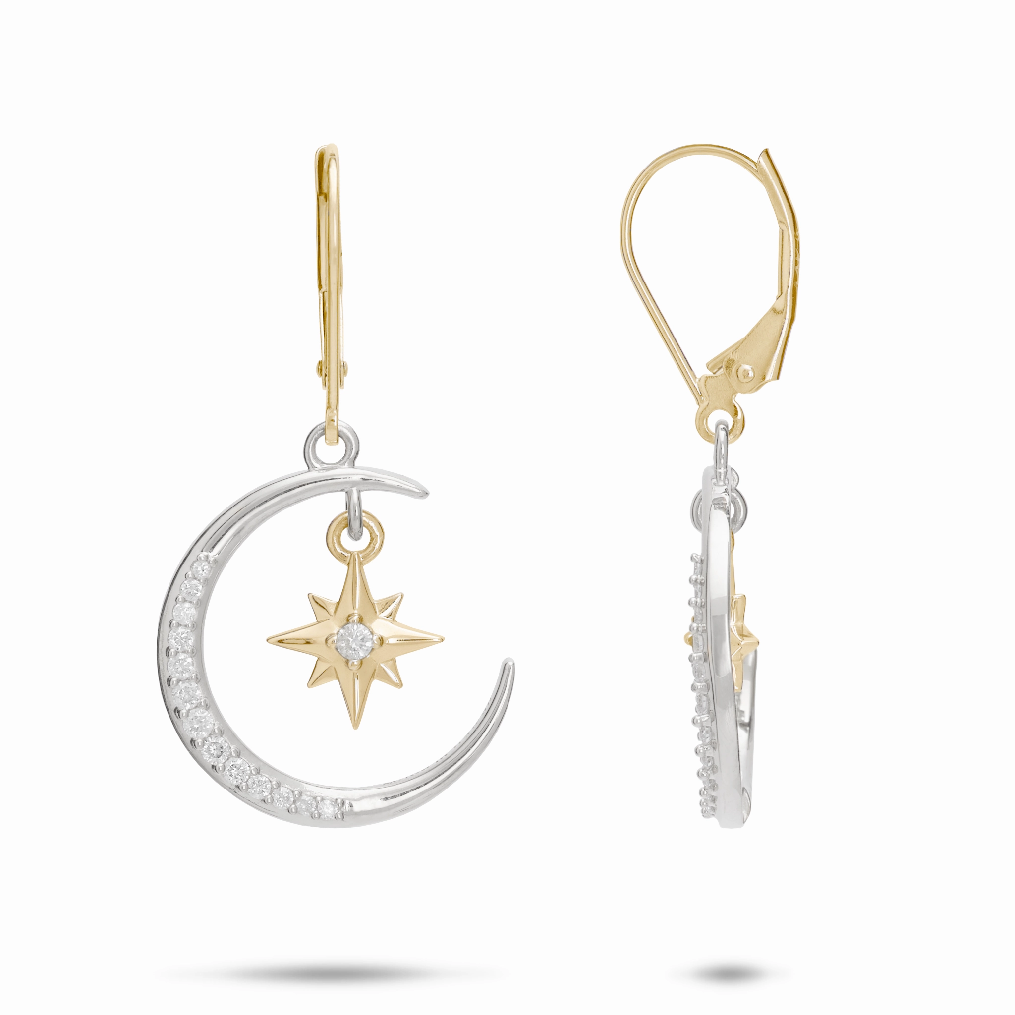 Moon & Star Mermaid Earrings in Two Tone Gold with Diamonds Glamourous Piece Evening Appeal
