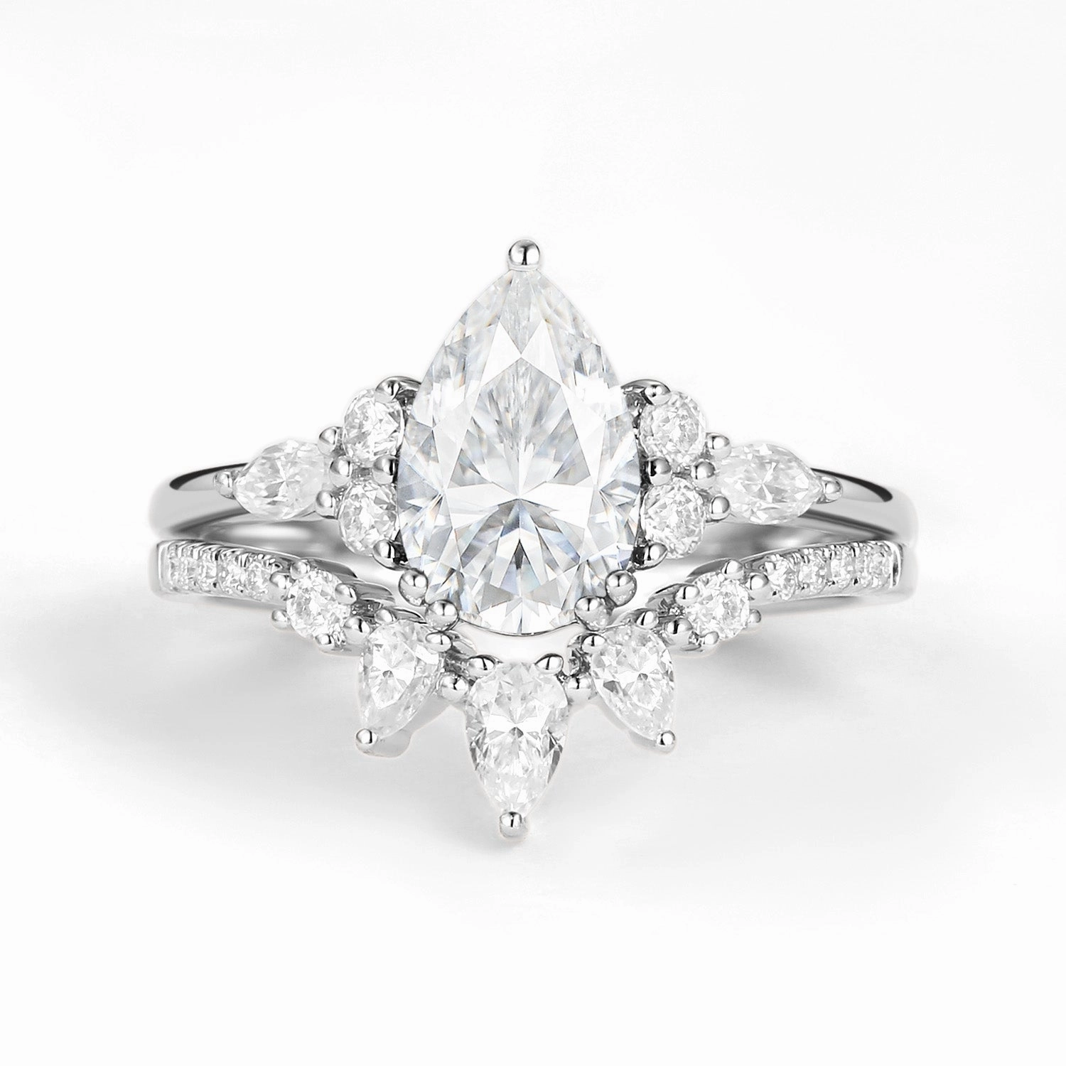 Sparkling Ornament 1.5ct Pear Shaped Moissanite Gold Ring Set 2pcs - Sage