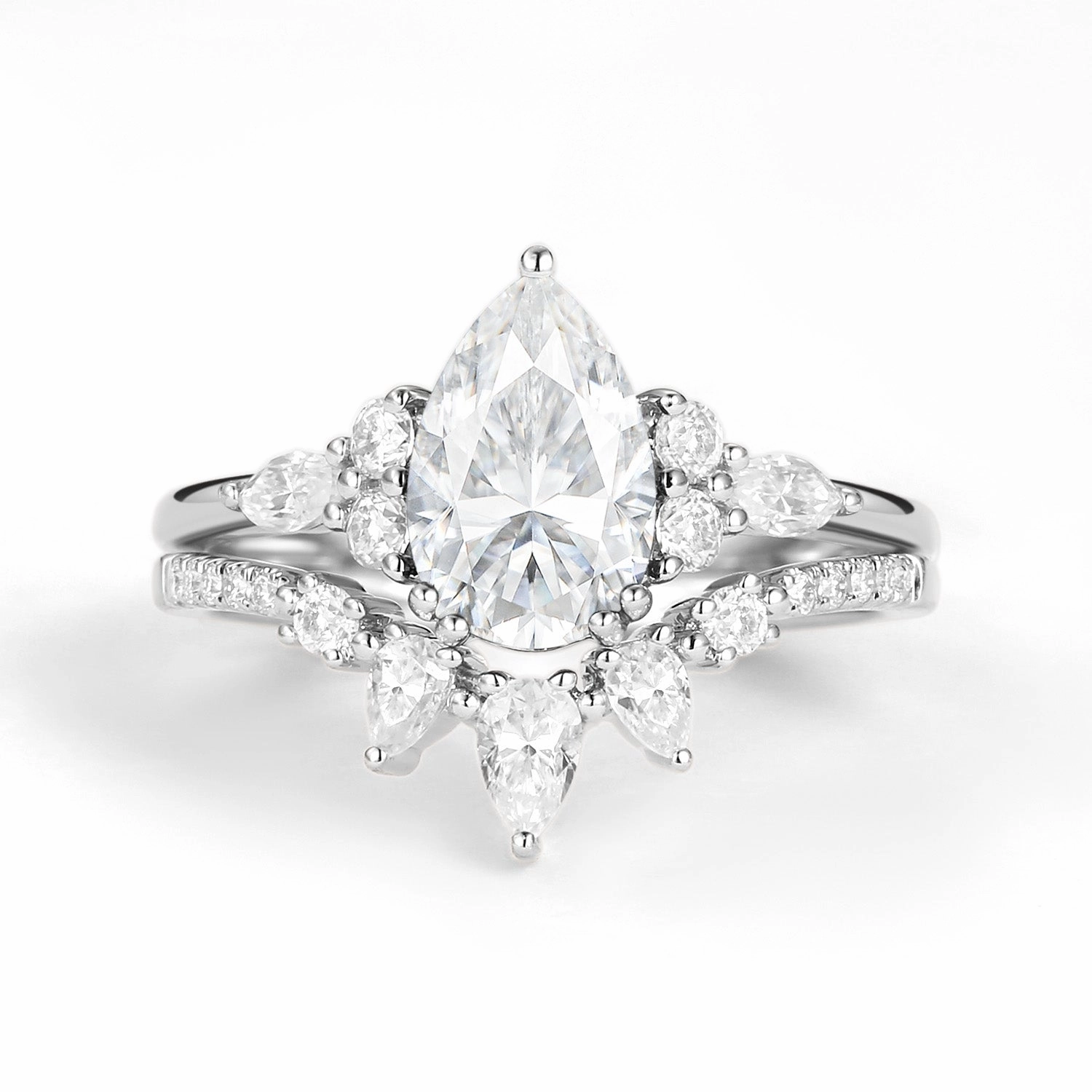 Luxury Contour Anniversary Surprise 1.5ct Pear Shaped Moissanite Gold Ring Set 2pcs - Sage