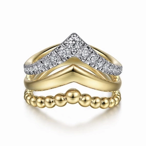 14K Yellow Gold Triple Row Bujukan Chevron Diamond Ring Party Favorite Sophisticated Design