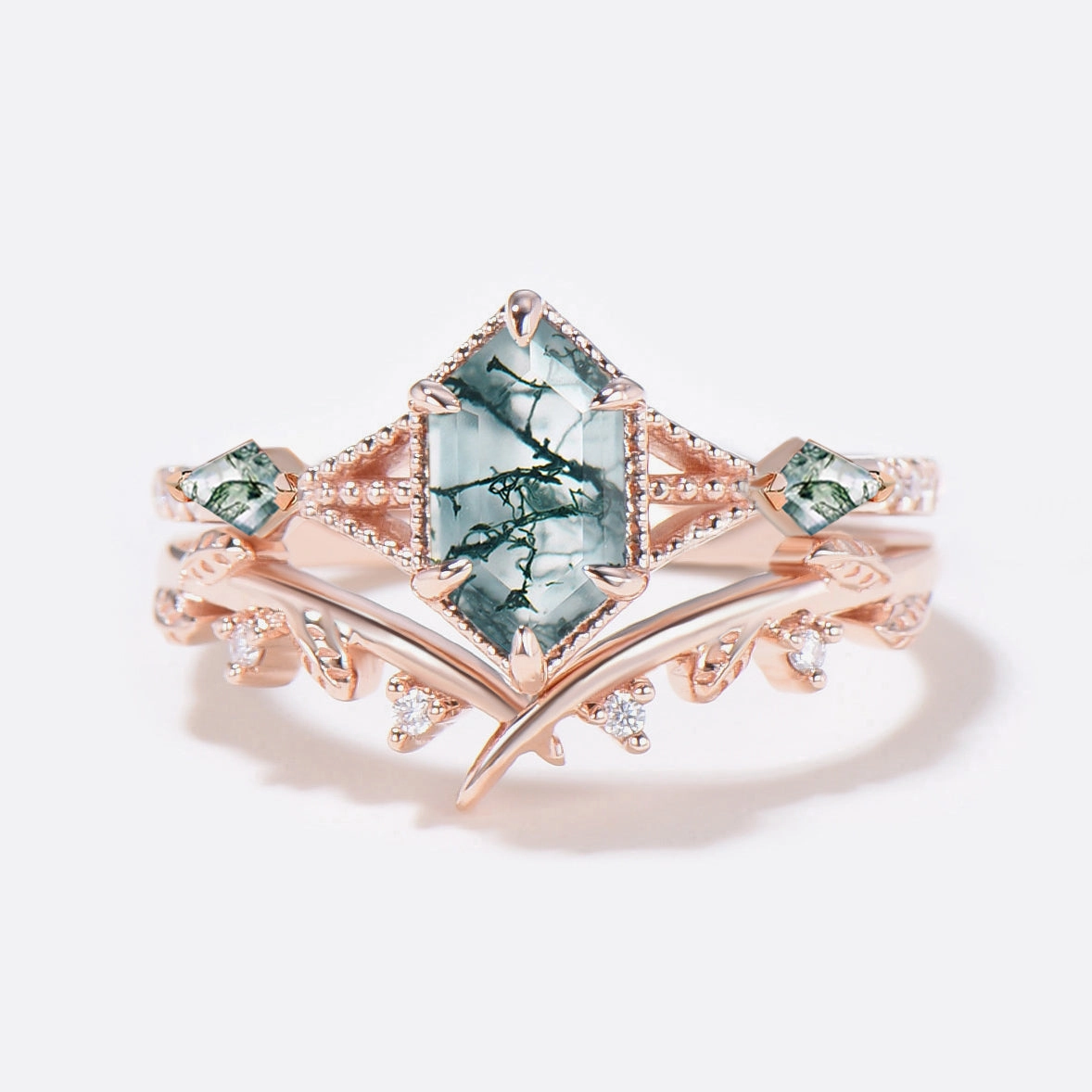 Excellent Article Three Stone Moss Agate Long Hexagon Leafy Engagement Ring Set 2pcs