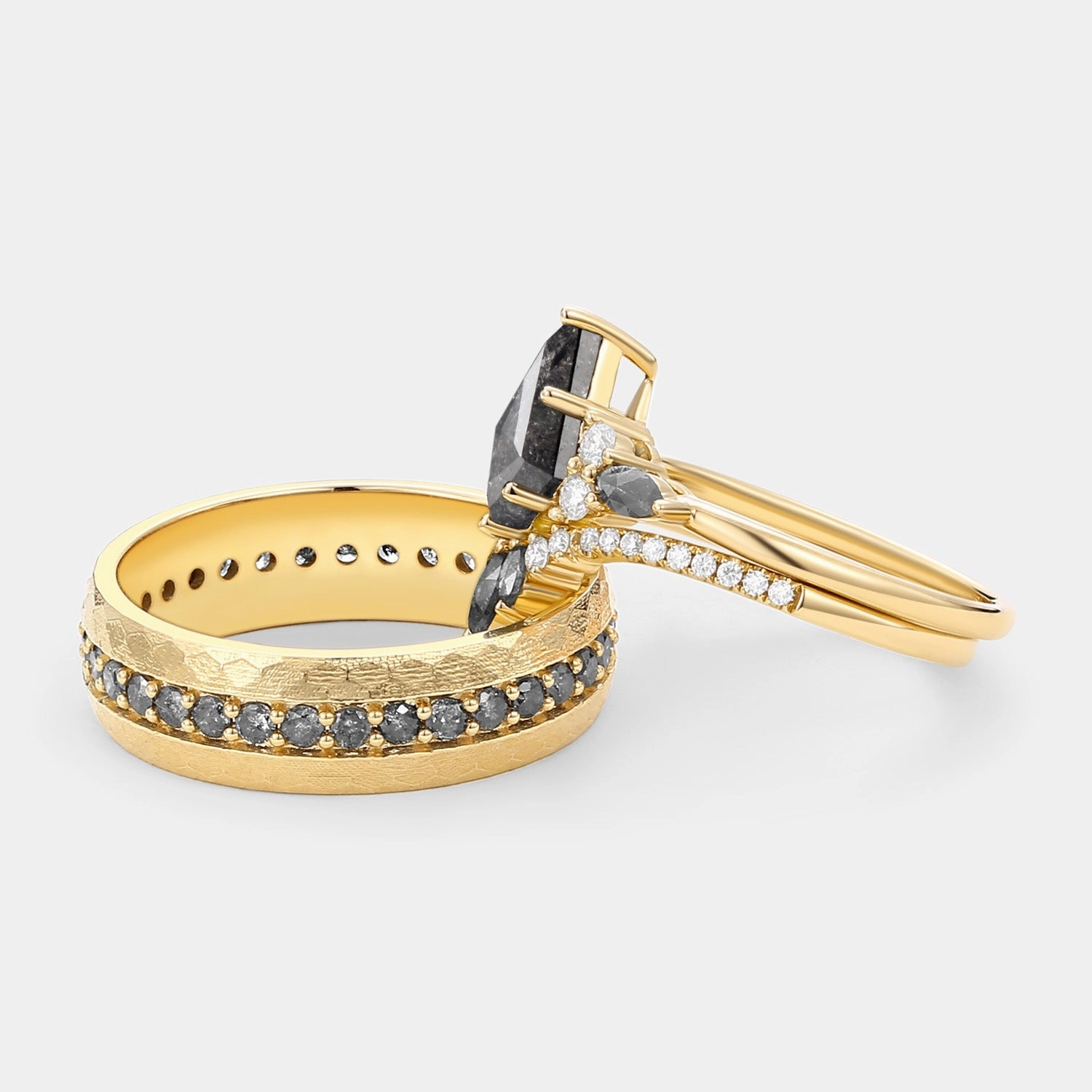 Fine Work Kite Cut Salt and Pepper Diamonds Engagement Couple Ring Set 3pcs - Rebecca