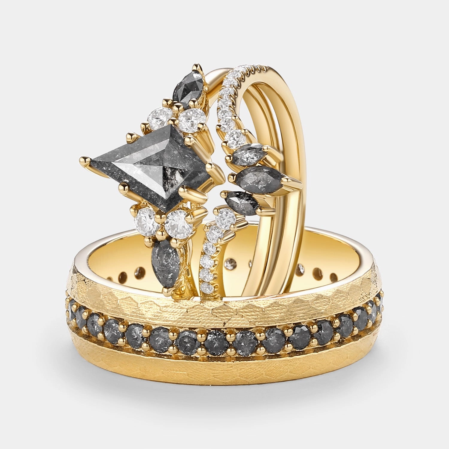 Kite Cut Salt and Pepper Diamonds Engagement Couple Ring Set 3pcs - Rebecca Bold Insignia