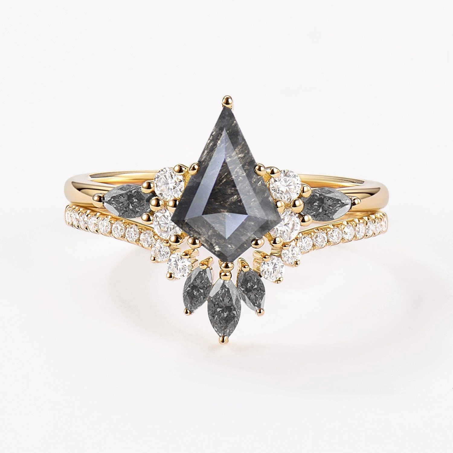 Romantic Work Kite Cut Salt and Pepper Diamonds Engagement Couple Ring Set 3pcs - Rebecca