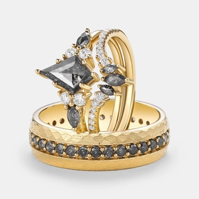 Kite Cut Salt and Pepper Diamonds Engagement Couple Ring Set 3pcs - Rebecca Bright Glow