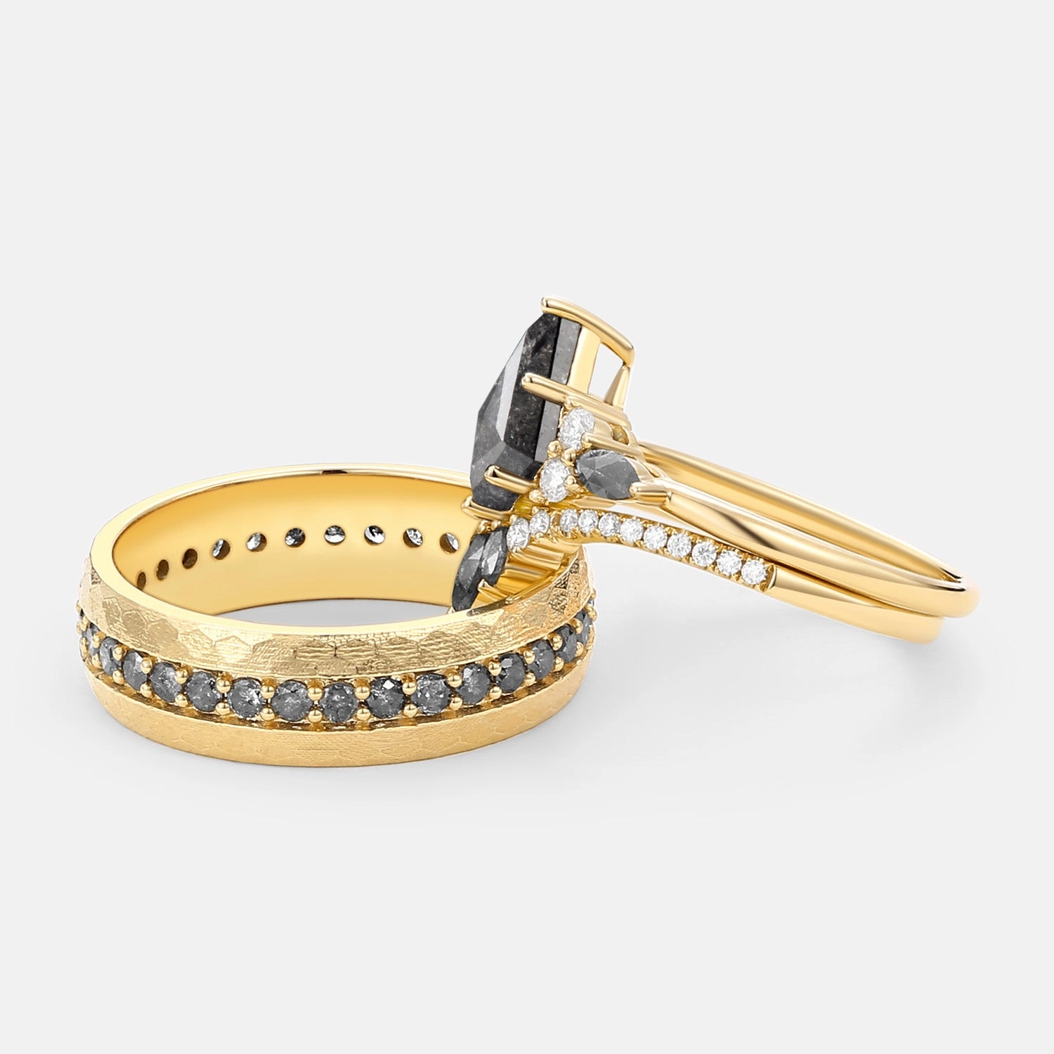 Personal Product Kite Cut Salt and Pepper Diamonds Engagement Couple Ring Set 3pcs - Rebecca