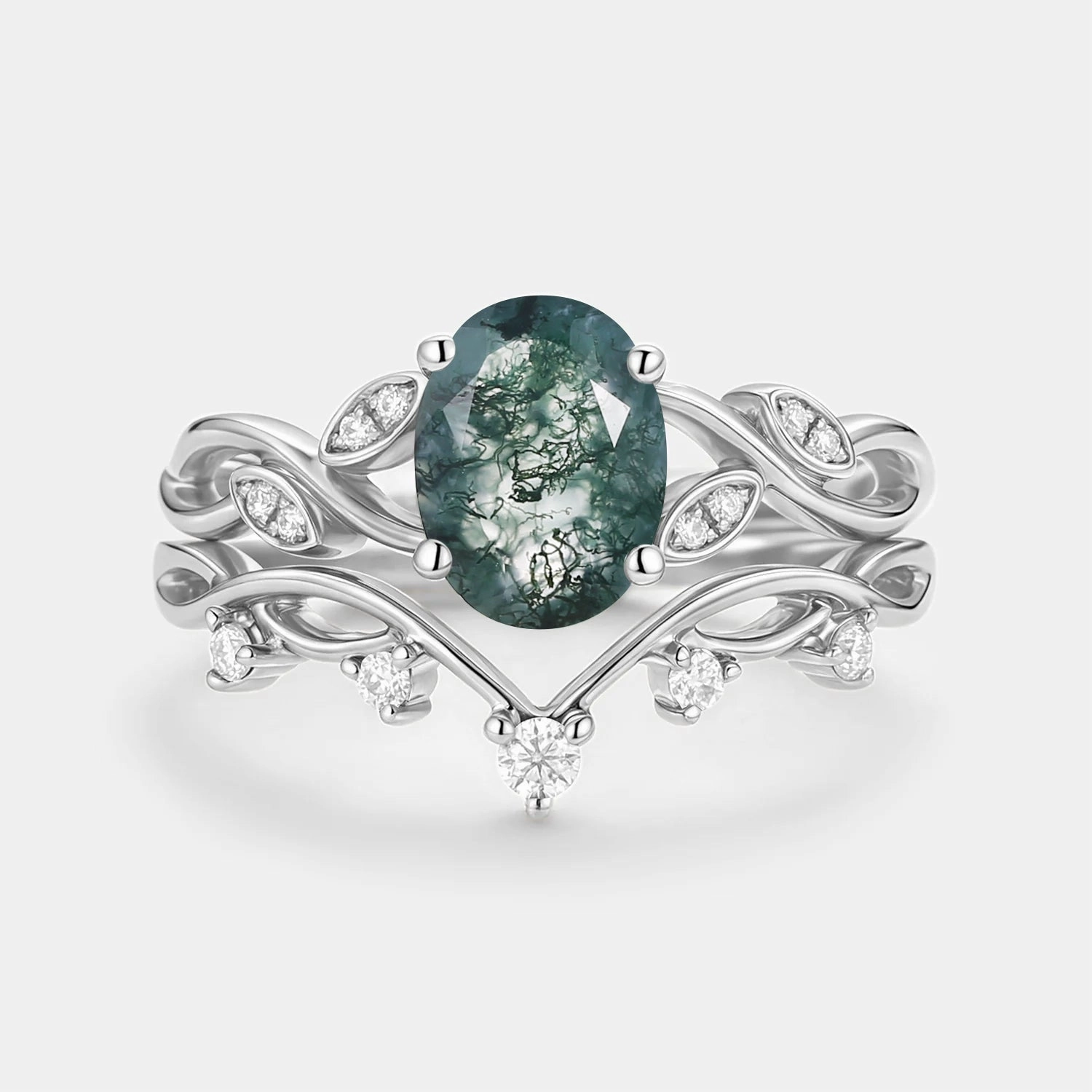 Everyday Wear Weekend Look Moss Agate Oval Cut Leaf Ring Set 2pcs - Eiryn