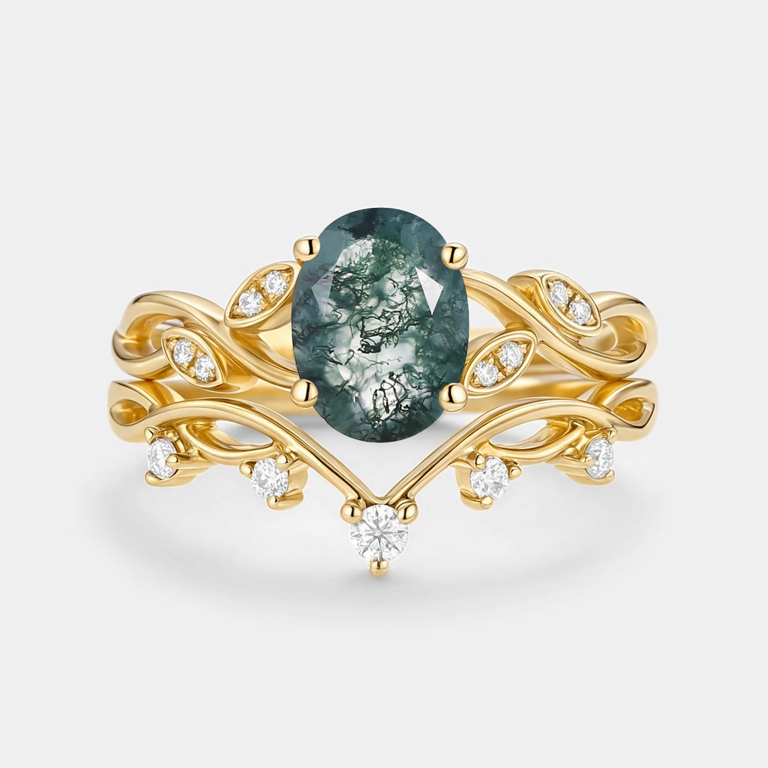 Exclusive piece Luxury Sign Moss Agate Oval Cut Leaf Ring Set 2pcs - Eiryn