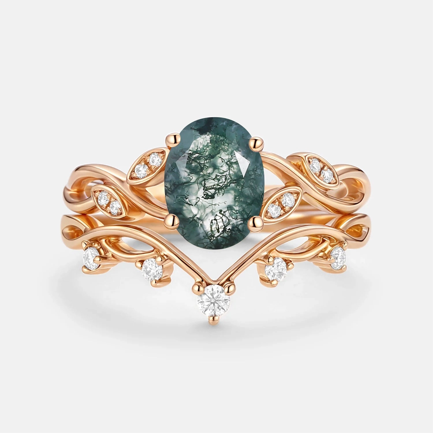 Handmade Design Luxe Look Moss Agate Oval Cut Leaf Ring Set 2pcs - Eiryn