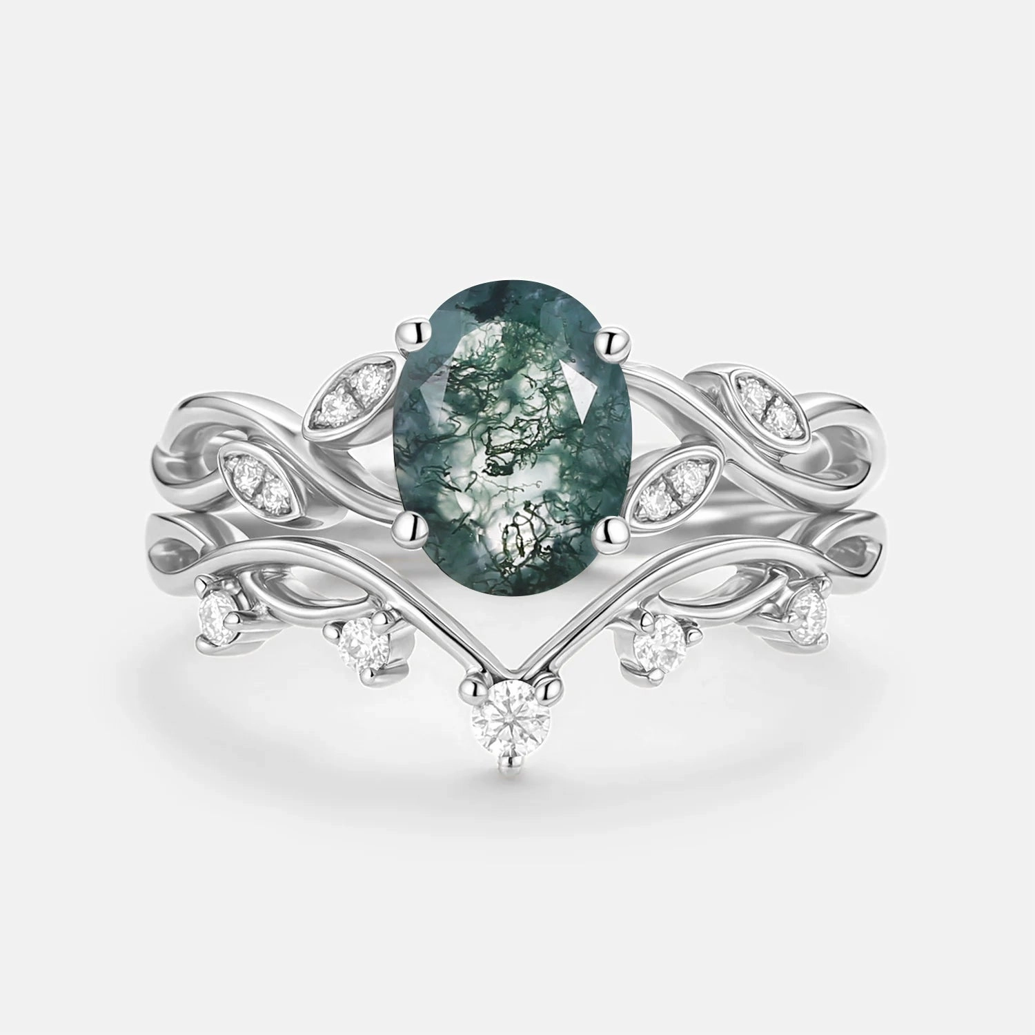 Moss Agate Oval Cut Leaf Ring Set 2pcs - Eiryn Gift Moment