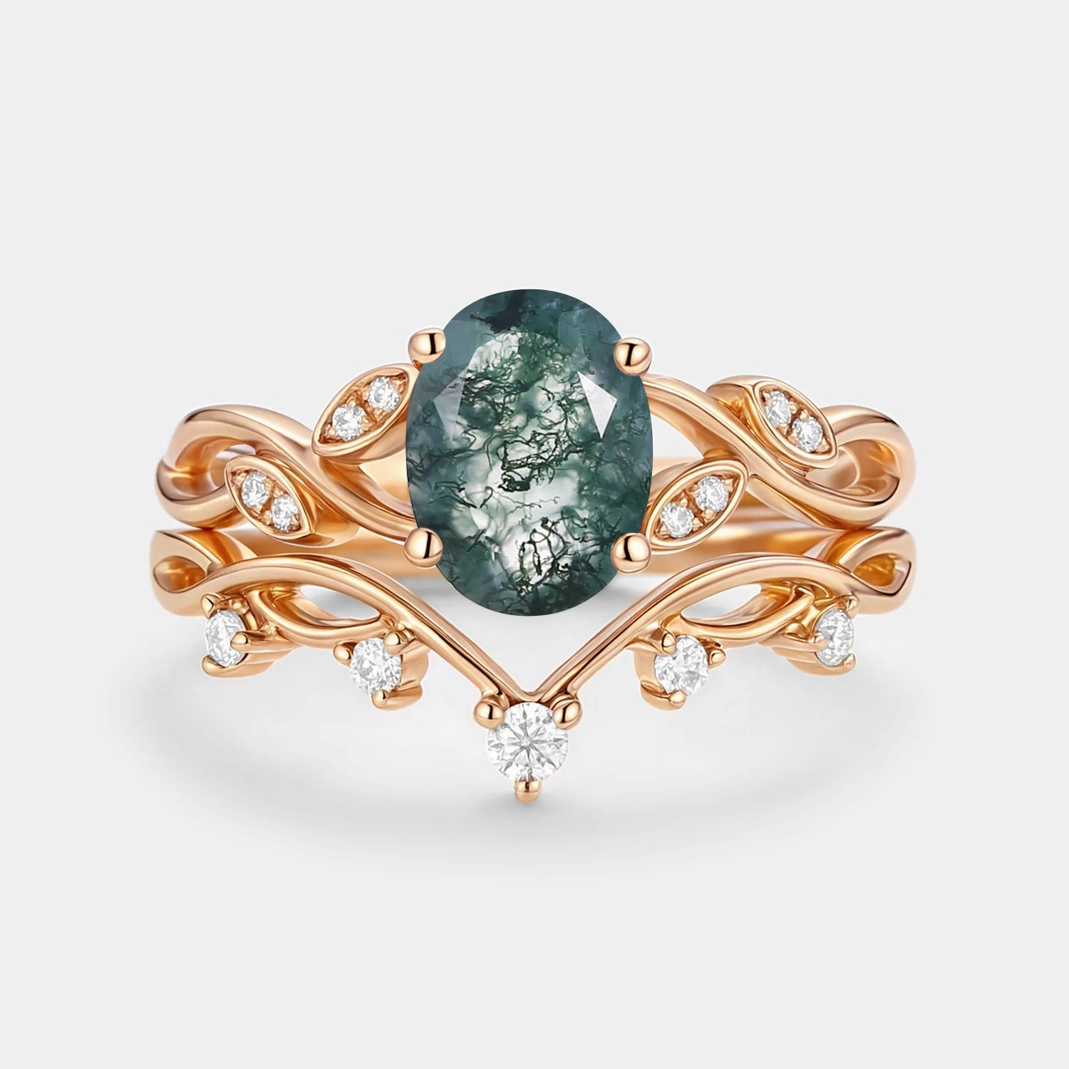 Moss Agate Oval Cut Leaf Ring Set 2pcs - Eiryn Excellent Style