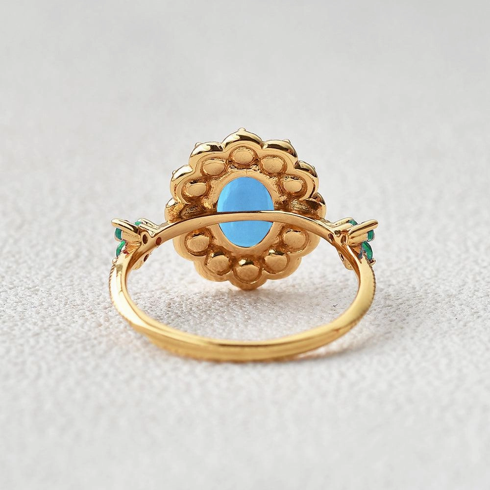 Effortless Chic Oval-Shaped Halo Turquoise & Pearl & Lab Emerald Yellow Gold Ring