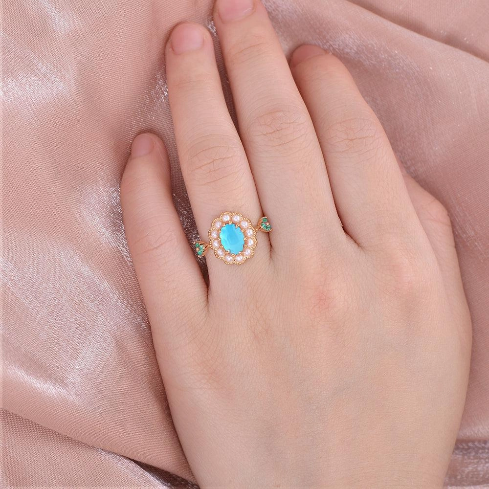 Trendy Embellishment Handcrafted Craft Oval-Shaped Halo Turquoise & Pearl & Lab Emerald Yellow Gold Ring