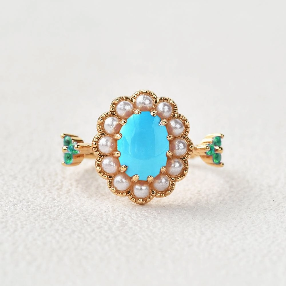 Oval-Shaped Halo Turquoise & Pearl & Lab Emerald Yellow Gold Ring Contemporary Work