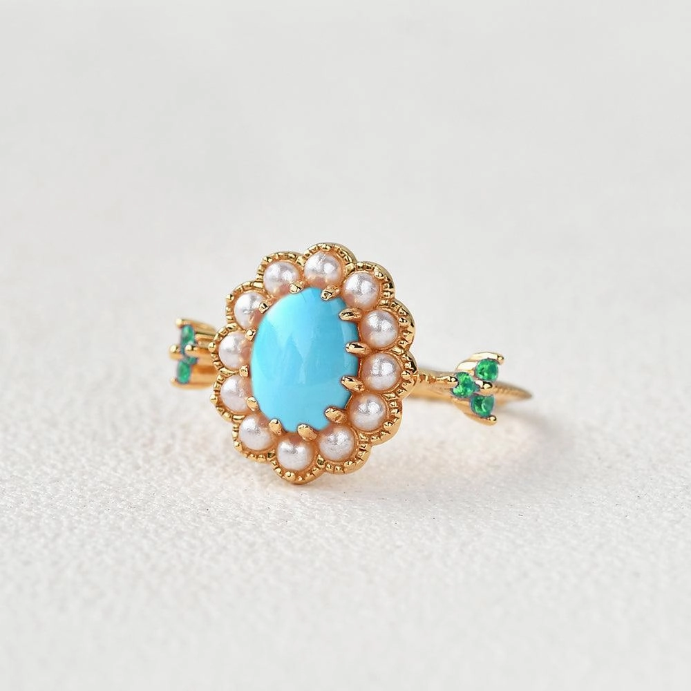 Boho Jewelry Oval-Shaped Halo Turquoise & Pearl & Lab Emerald Yellow Gold Ring