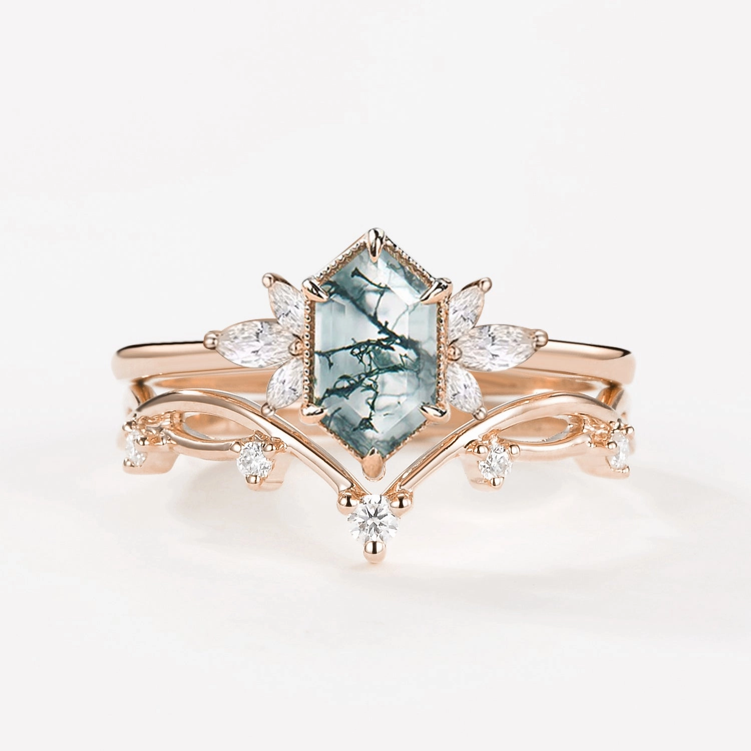Fairy Ring - 1.5ct Hexagon Moss Agate Floral Inspired Ring Set 2PCS Ornate Insignia