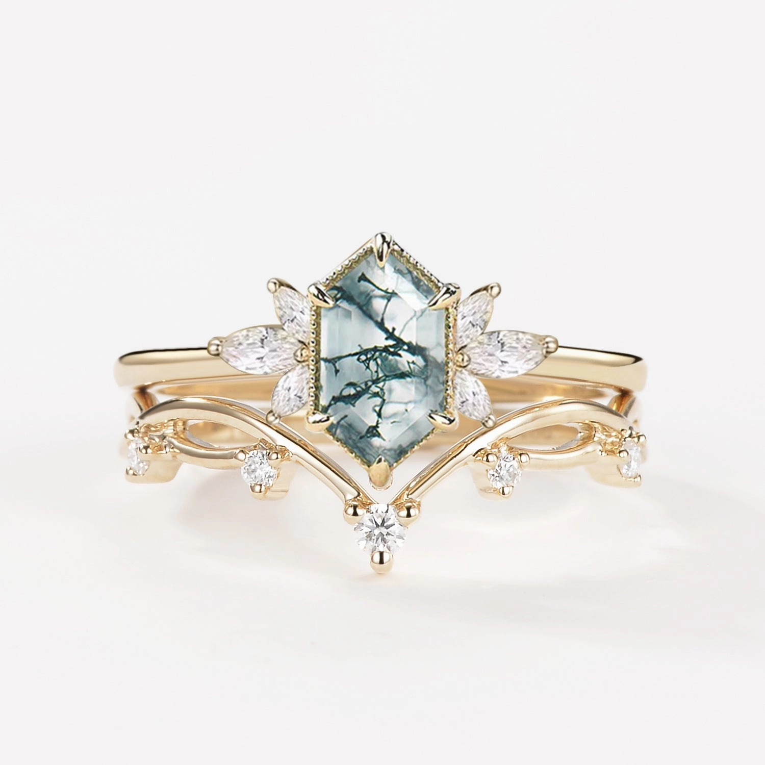 Fairy Ring - 1.5ct Hexagon Moss Agate Floral Inspired Ring Set 2PCS Creative Edge