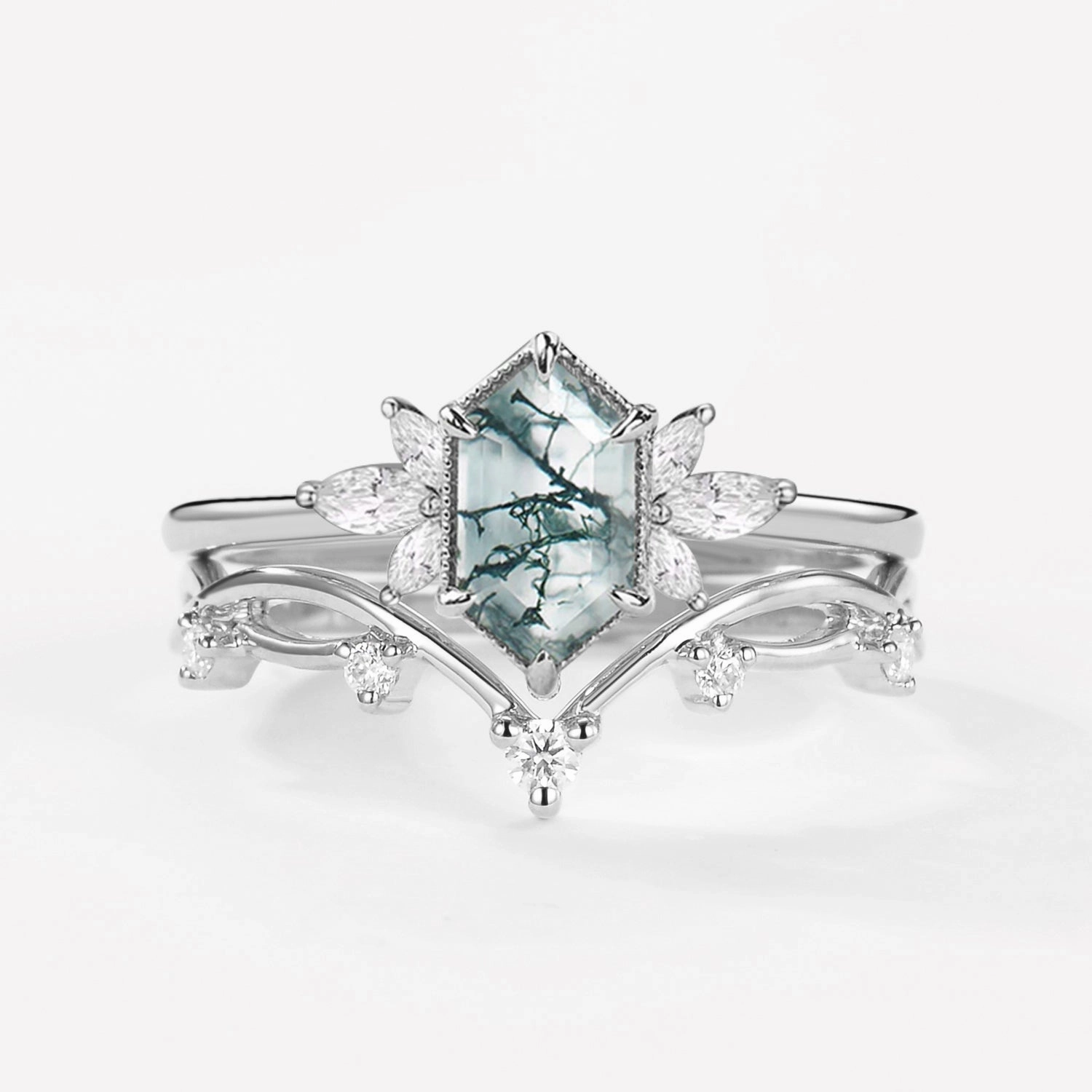 Quiet Style Elegant Product Fairy Ring - 1.5ct Hexagon Moss Agate Floral Inspired Ring Set 2PCS