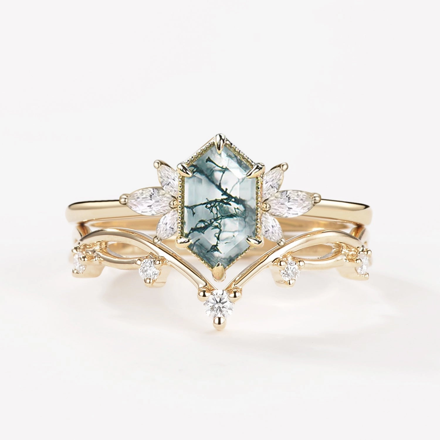 Fairy Ring - 1.5ct Hexagon Moss Agate Floral Inspired Ring Set 2PCS Custom Gifts Simple Look