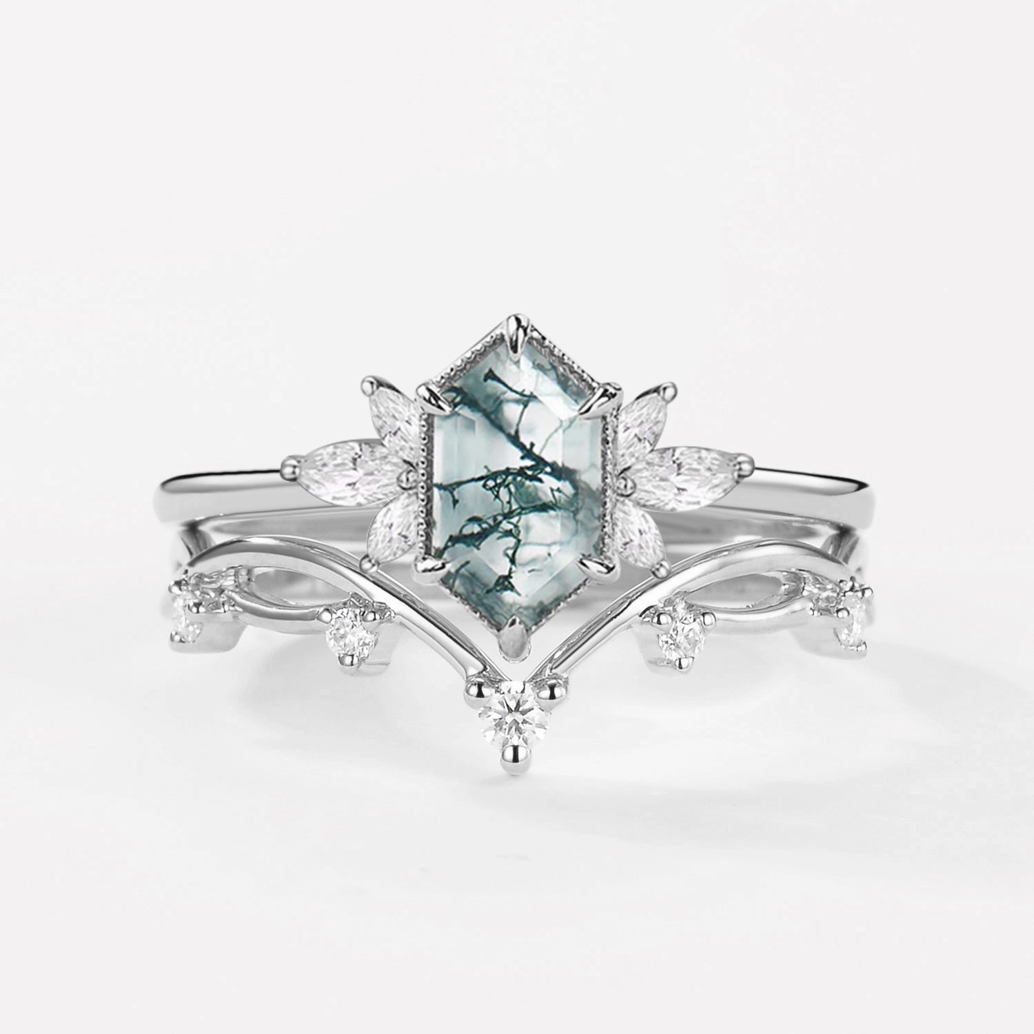 Fairy Ring - 1.5ct Hexagon Moss Agate Floral Inspired Ring Set 2PCS Trendy Gift Soft Contrast