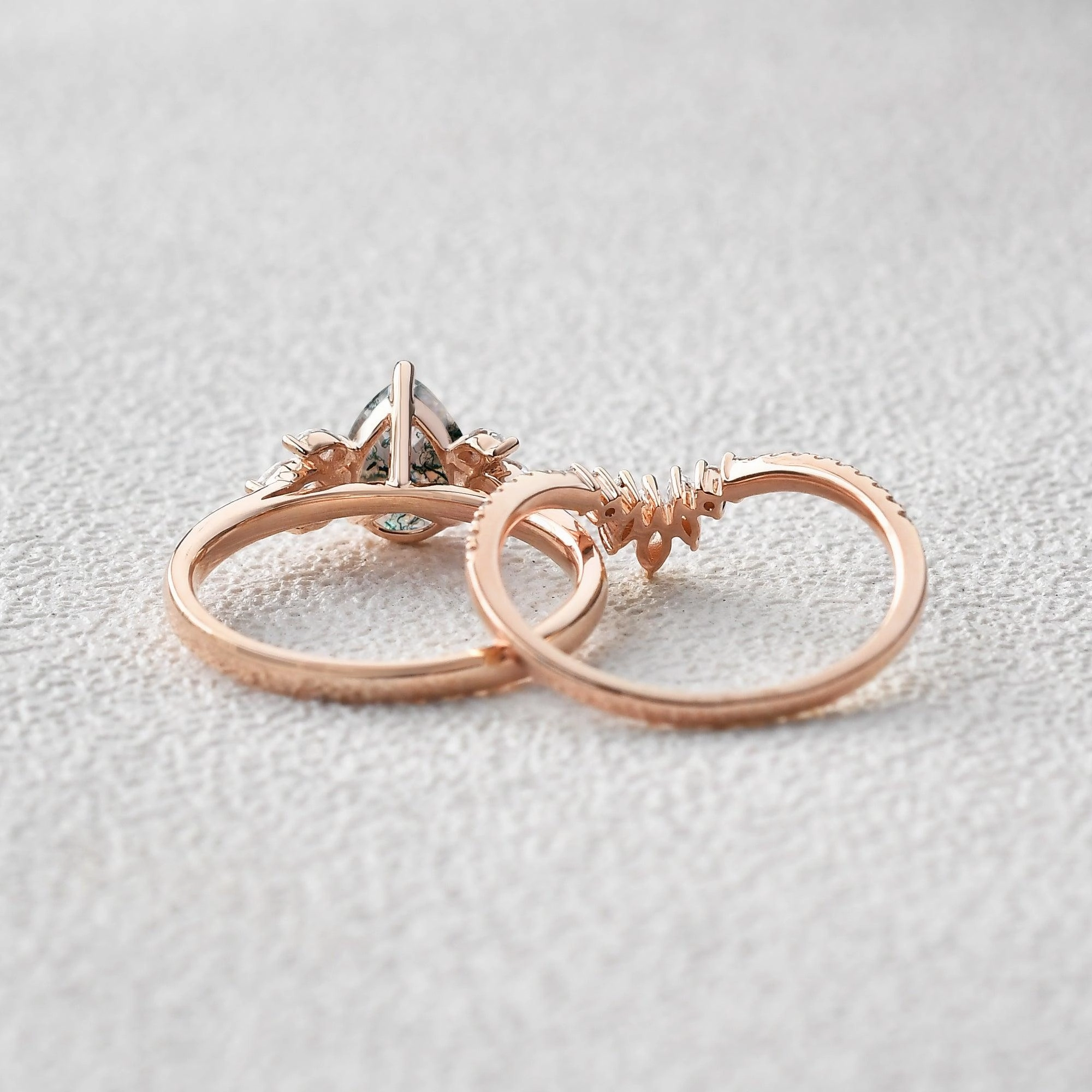 Polished Craft Wardrobe Staple Fairy Ring - 1.5ct Pear Shaped Moss Agate Butterfly Cluster Ring Set 2pcs