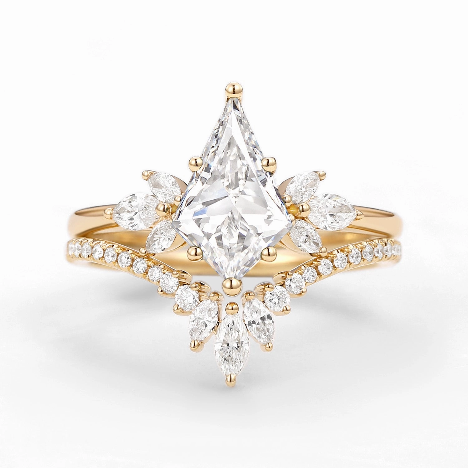 Styled Finish Fairy Ring - Kite Cut Moissanite Butterfly Engagement Ring Set 2pcs