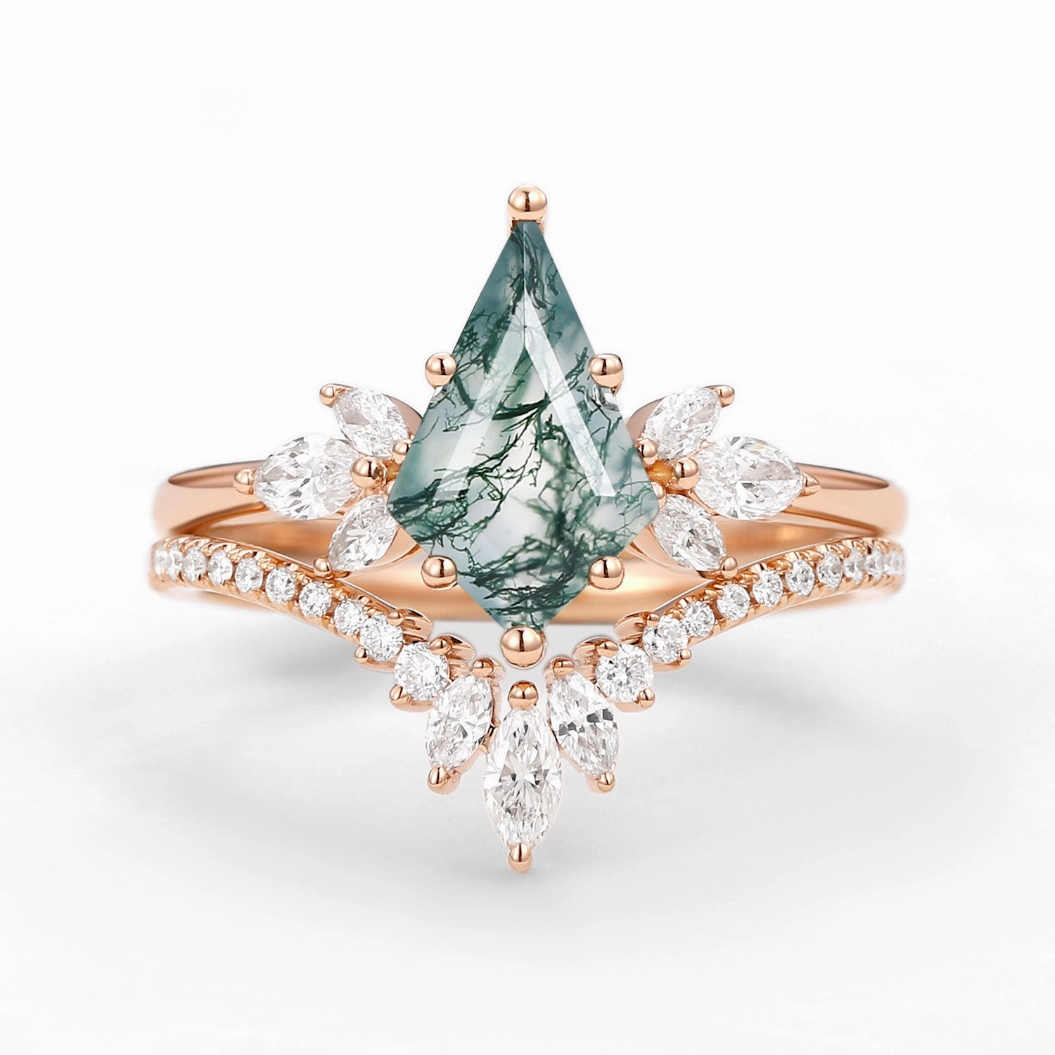 City Logo Fairy Ring - Kite Cut Moss Agate Butterfly Engagement Ring Set 2pcs