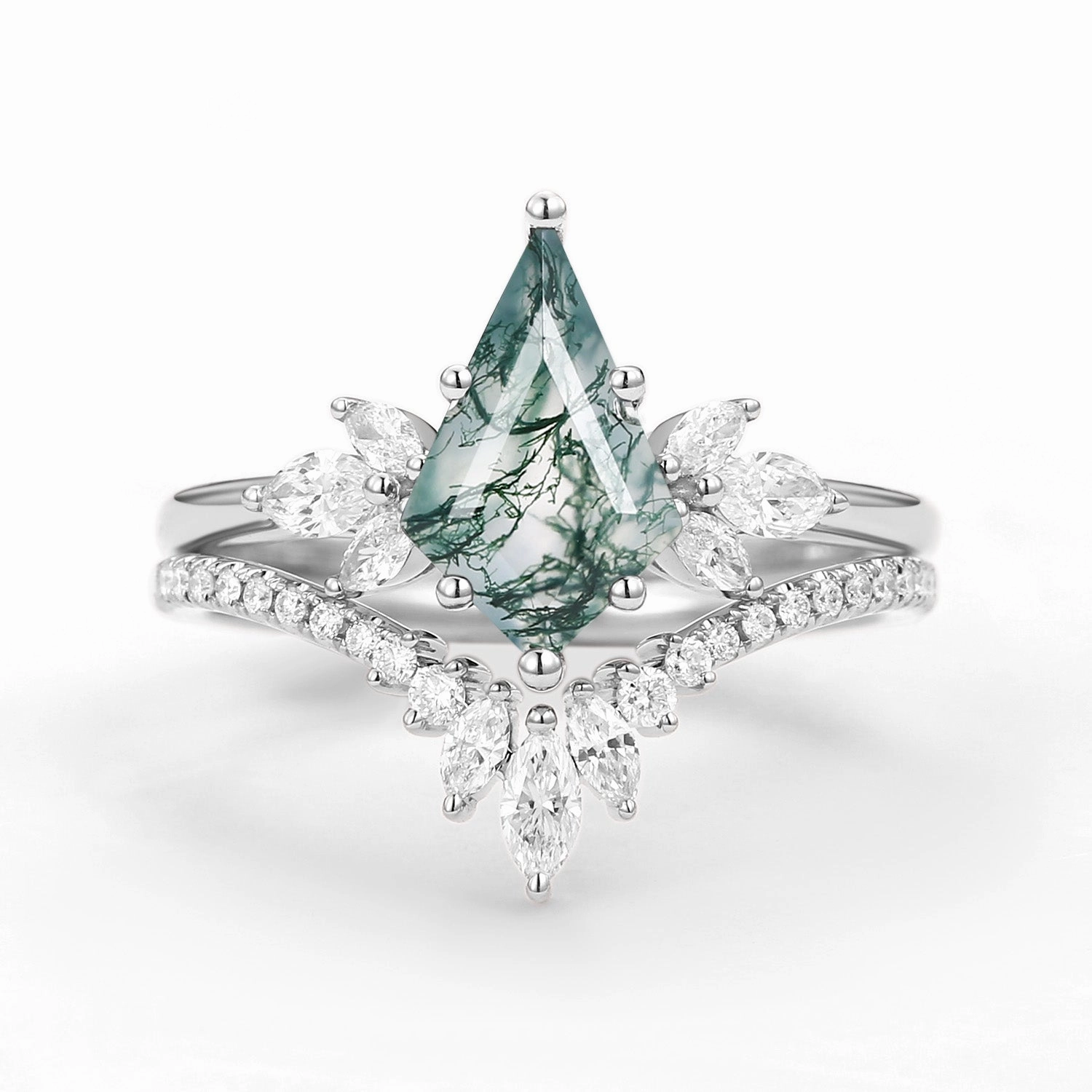 Fairy Ring - Kite Cut Moss Agate Butterfly Engagement Ring Set 2pcs Brilliant Gift Artisan Detail