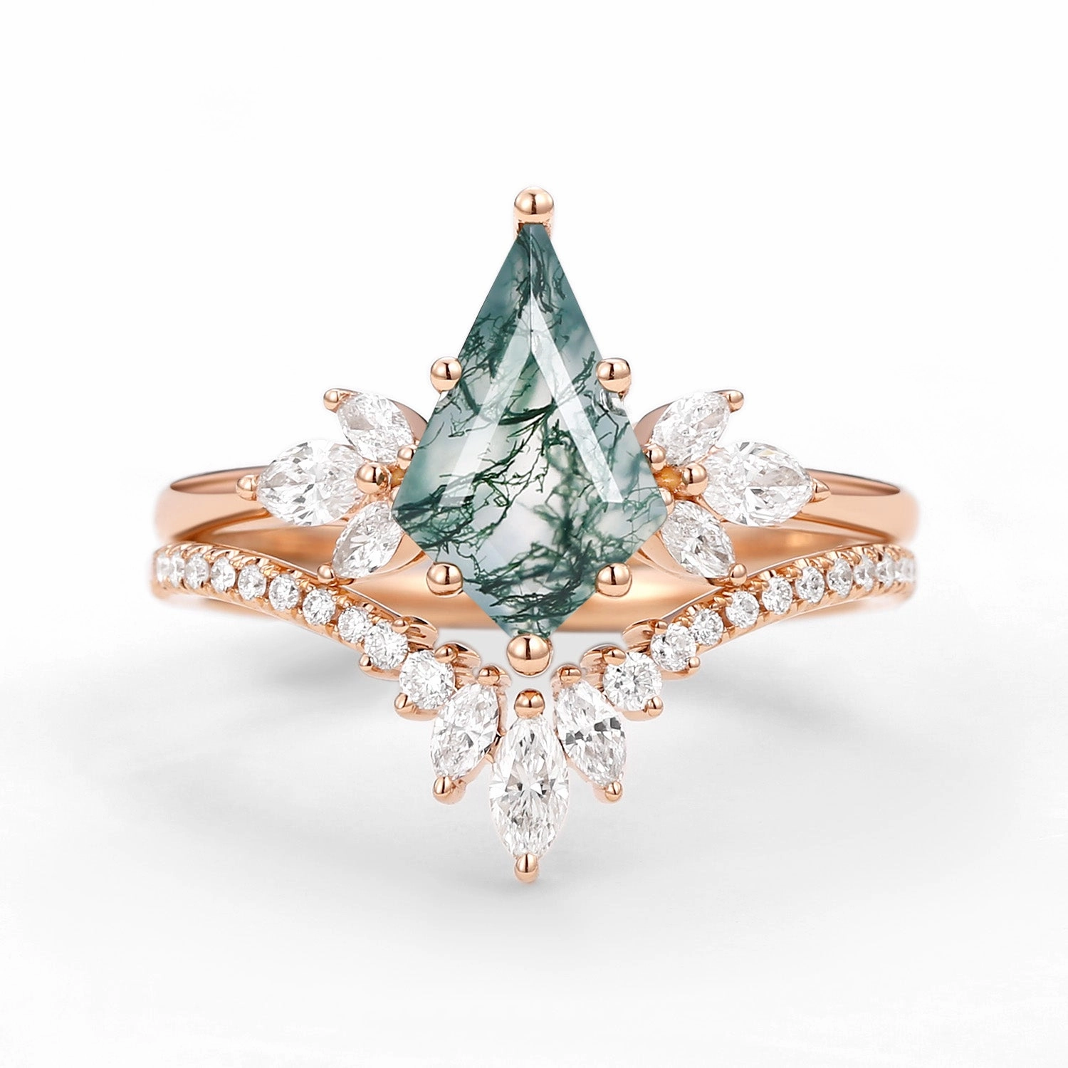 Fairy Ring - Kite Cut Moss Agate Butterfly Engagement Ring Set 2pcs Feminine Touch Radiant Design