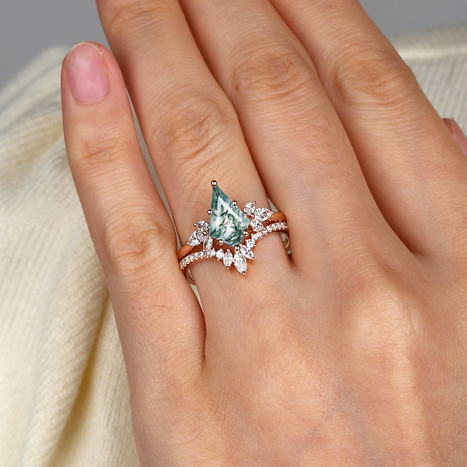 Fairy Ring - Kite Cut Moss Agate Butterfly Engagement Ring Set 2pcs Superior Object