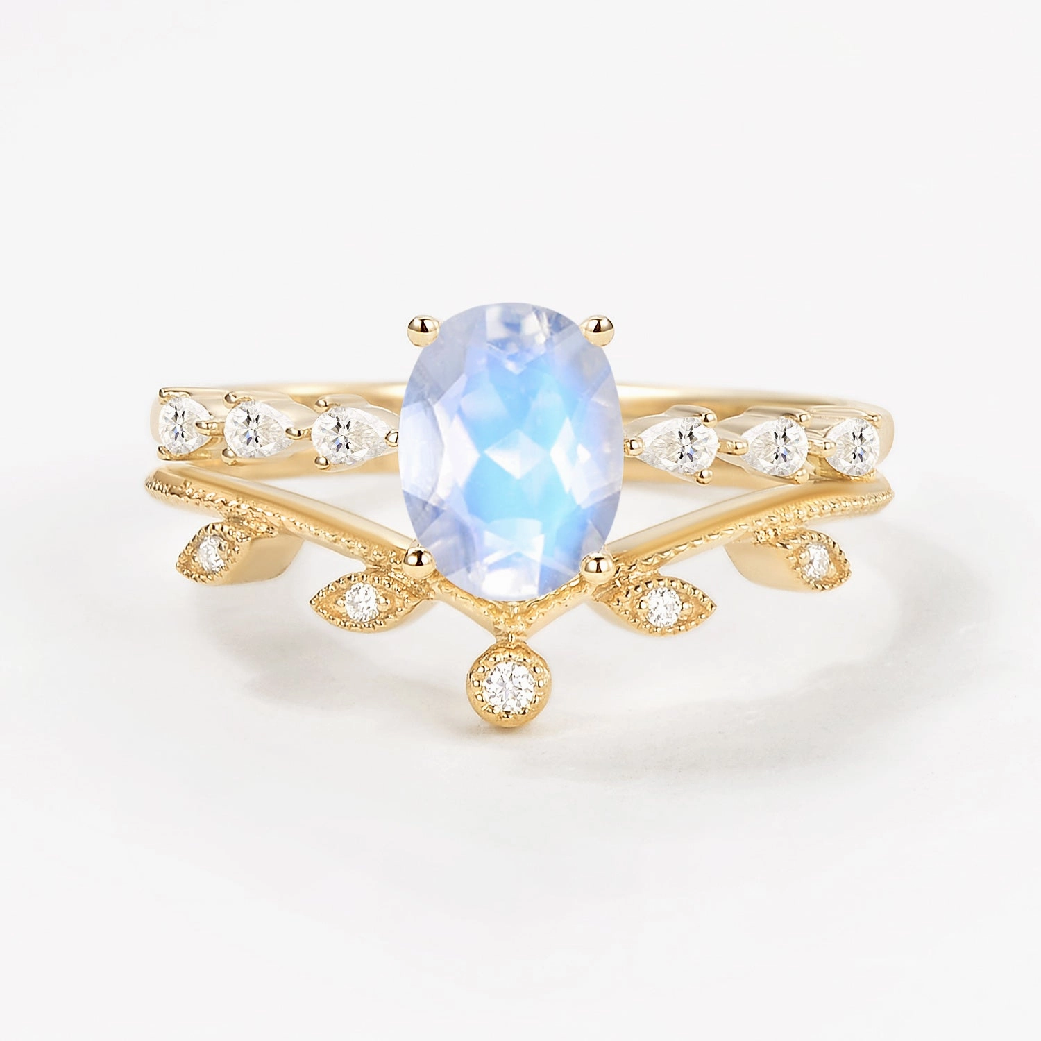 1.5ct Oval Moonstone Pave Vintage Leafy Ring Set 2pcs Polished Texture