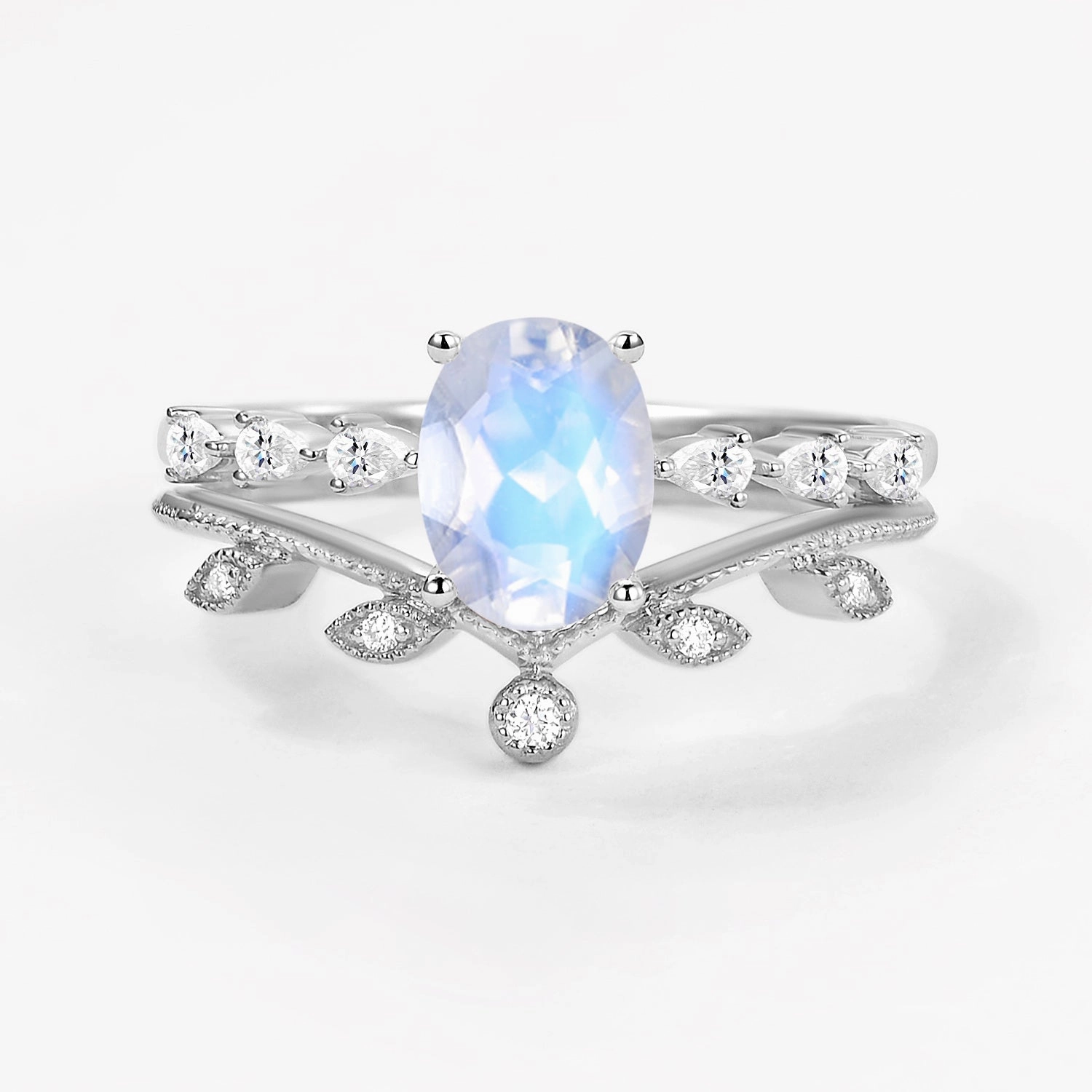 Popular Trend 1.5ct Oval Moonstone Pave Vintage Leafy Ring Set 2pcs