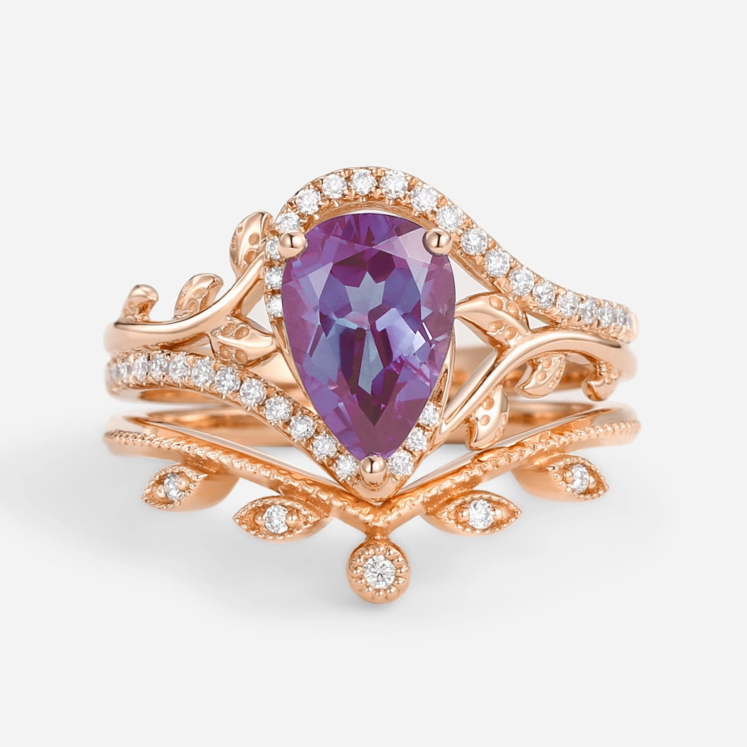 Pear Cut Alexandrite & Moissanite Leafy Ring Set 2pcs Future Classic