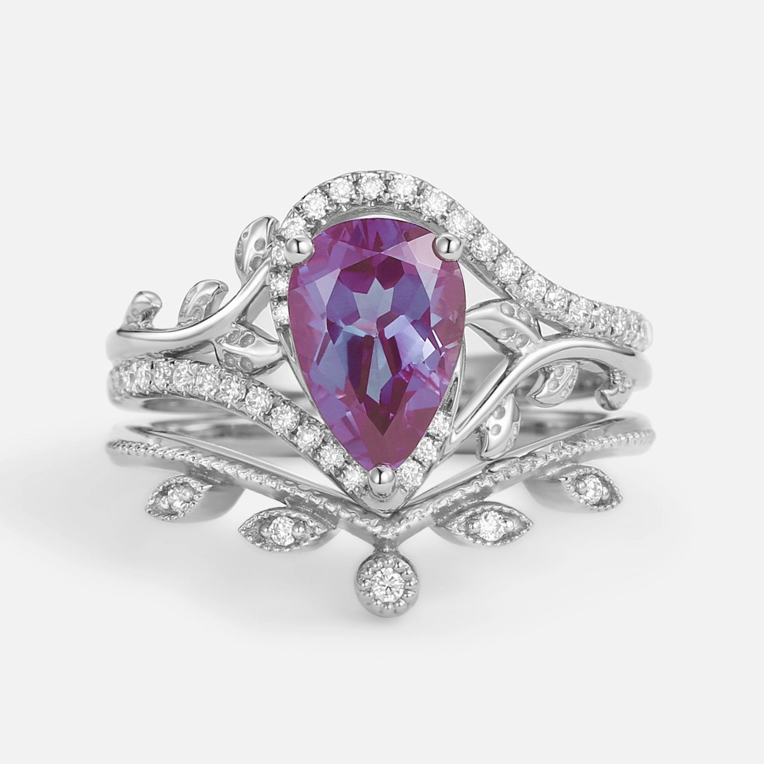 Pear Cut Alexandrite & Moissanite Leafy Ring Set 2pcs Ornate Item Ornate Work