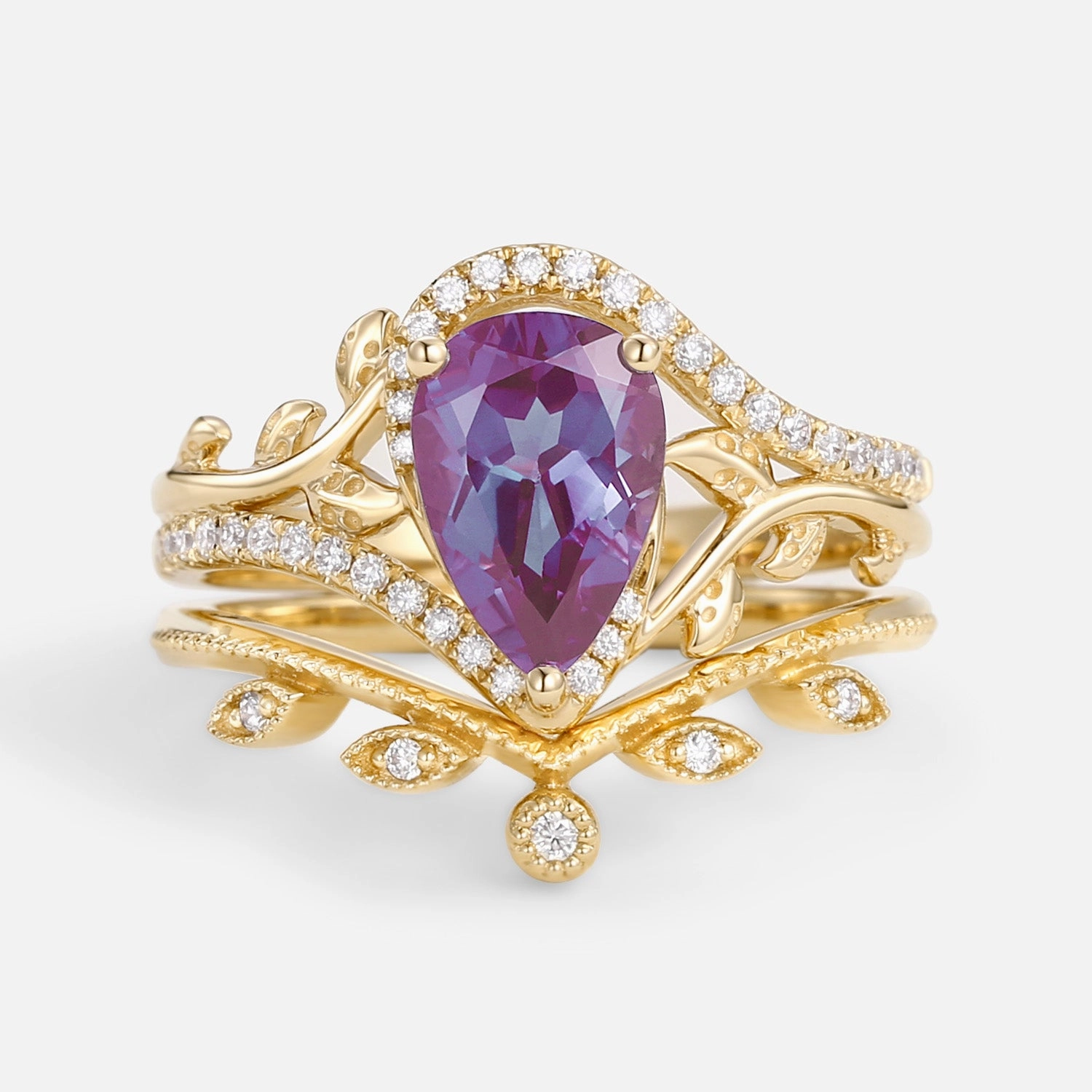 Strong Piece Pear Cut Alexandrite & Moissanite Leafy Ring Set 2pcs