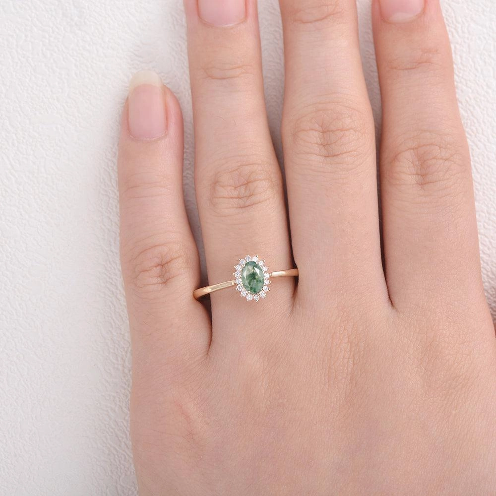 Oval Moss Agate & Moissanite White Gold Ring - Lewis Ornate Craft